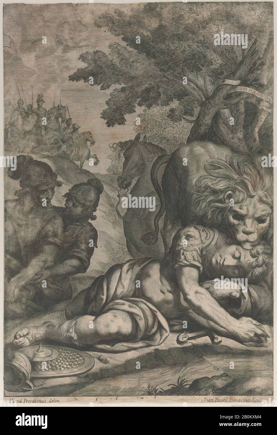 Giovanni Battista Bonacina, un lion au sommet d'un horseman tombé à droite, avec deux autres soldats à gauche, Giovanni Battista Bonacina (italien, Milan 1620–CA. 1670), Après Ercole Procaccini II (Italien, Milan 1605–1675 ou 1680 Milan), 1640–70, gravure et gravure, feuille (Taillée) : 15 3/8 × 10 3/8 po. (39 × 26,3 cm), tirages Banque D'Images