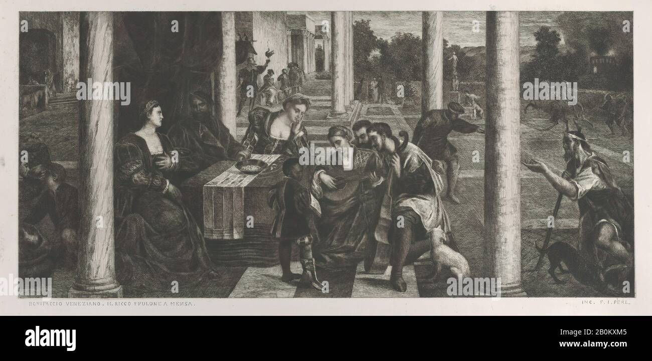 Anonyme, la parabole du riche homme (Dives) et Lazarus, Anonymous (F.I. Perl), Bonifacio De' Pitati (Bonifacio Veronese) (Italien, Vérone 1487–1553 Venise), 1700–1800, Gravure, Plaque: 9 7/16 × 19 1/8 In. (23,9 × 48,6 cm), feuille : 15 9/16 × 21 5/8 po. (39,6 × 55 cm), tirages Banque D'Images
