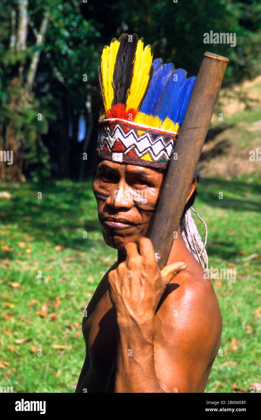 AMAZON RIVER, PORTRAIT DE L'HOMME INDIEN DE BORA AVEC LA PLUME DE PARROT COLORÉE HEADDRESS Banque D'Images