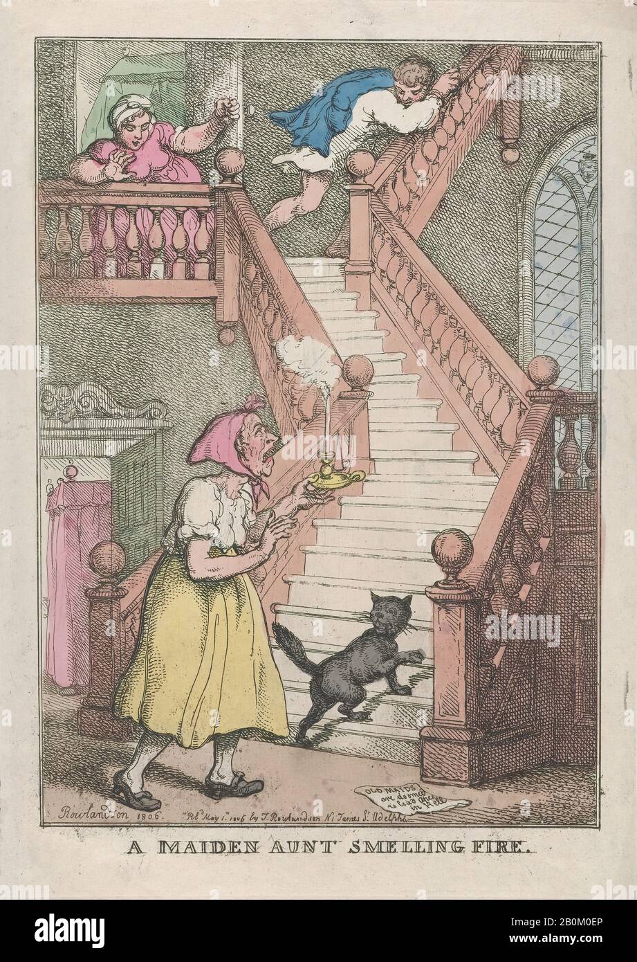 Thomas Rowlandson, Un Incendie De Mauden Aunt, Thomas Rowlandson (British, Londres 1757–1827 Londres), 4 Mai 1806, Gravure De Couleur Manuelle, Feuille : 14 9/16 Po. × 10 po. (37 × 25,4 cm), plaque : 13 7/8 × 9 13/16 po. (35,2 × 25 cm), tirages Banque D'Images