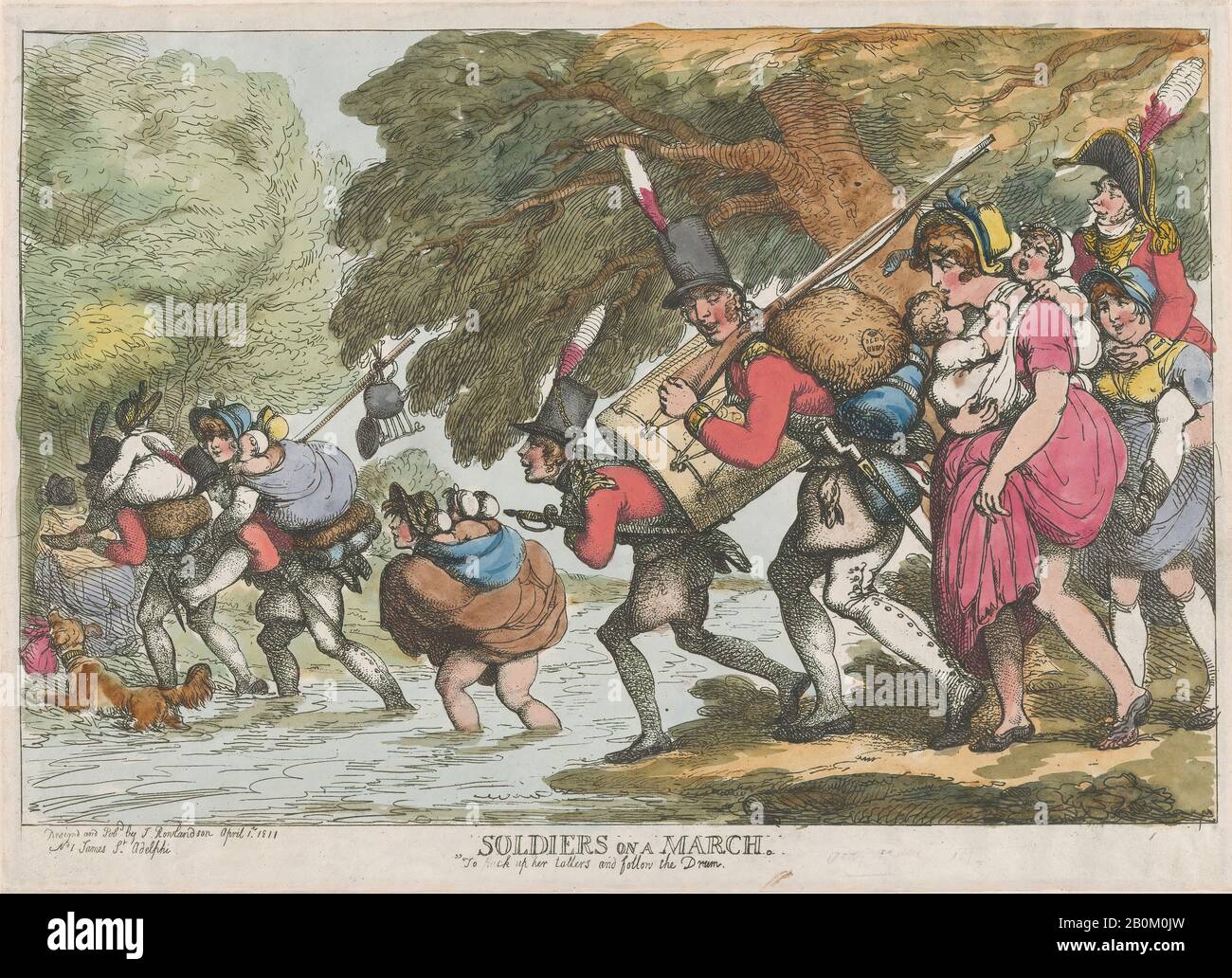 Thomas Rowlandson, Soliders le 1er avril 1808, Thomas Rowlandson (British, London 1757–1827 London), gravure aux couleurs De La Main, feuille : 9 3/4 × 13 5/8 in. (24,8 × 34,6 cm), tirages Banque D'Images