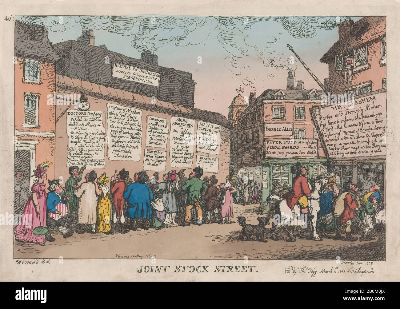 Thomas Rowlandson, Joint Stock Street, Thomas Rowlandson (Britannique, Londres 1757–1827 Londres), Après George Moutard Woodward (Britannique, Ca. 1760–1809 London), 10 mars 1808, gravure de couleur Manuelle, feuille : 9 3/4 × 13 13/16 in. (24,7 × 35,1 cm), tirages Banque D'Images