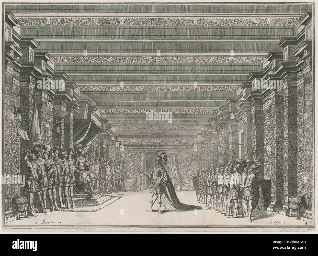 Mathäus Küsel, salle du trône avec un homme en armure classique debout au centre s'adressant à un homme assis sur un trône à gauche; soldats alignés de chaque côté de la salle; Set design de 'il Fuoco Eterno', Mathäus Küsel (allemand, 1621–1682), après Ludovico Ottaviano Burnacini (italien, Mantua 1636–1707 Vienne (Autriche active))), 1674, Etching, feuille (Taillée): 12 po. × 16 3/8 po. (30,5 × 41,6 cm Banque D'Images