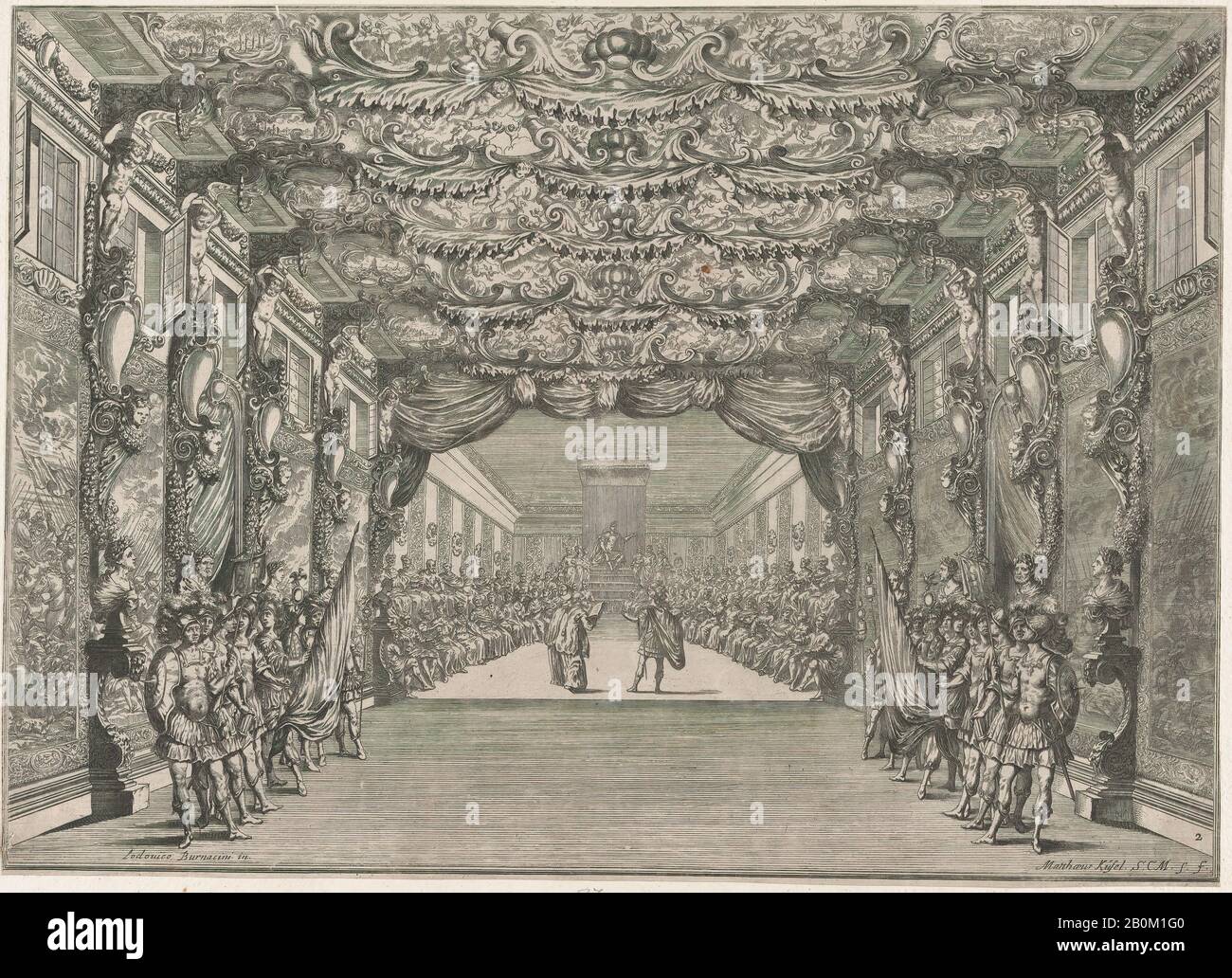 Mathäus Küsel, La curie romaine avec des gardes dans l'antichambre; set design de 'il Fuoco Eterno', Mathäus Küsel (allemand, 1621–1682), après Ludovico Ottaviano Burnacini (italien, Mantua 1636–1707 Vienne (Autriche active)), 1674, Etching, (15/16). (30,4 × 42,1 cm Banque D'Images