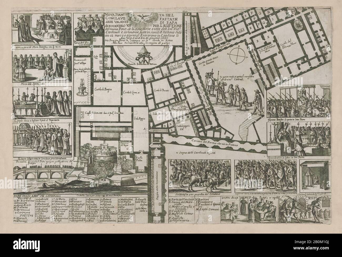 Giovanni Giacomo de Rossi, conclave papale après la mort du Pape Alessandro VII, avec une carte iconographique de la Cité du Vatican et des scènes des funérailles, procession et élection du nouveau pape, 1667, Etching, feuille (Taillée): 9 3/8 × 13 13/16 in. (23,8 × 35,1 cm Banque D'Images