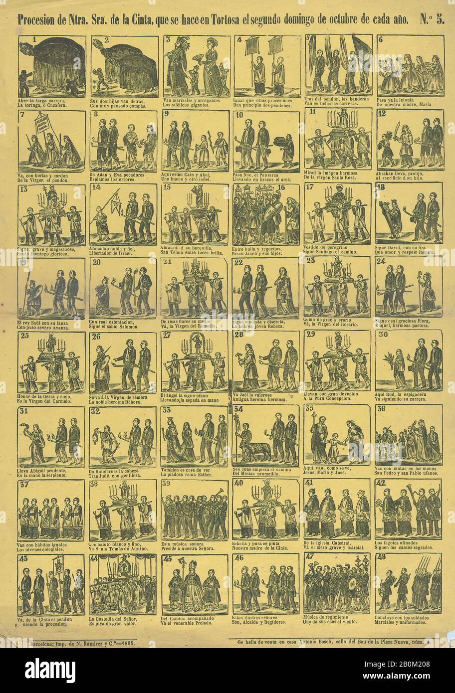 José Noguera, Grand-Côté avec 48 scènes relatives à la procession De Notre Dame de Cinta (Tortosa), José Noguera (espagnol, XIXe siècle), 1865, gravure en bois sur papier jaune, feuille: 17 1/2 × 12 5/8 in. (44,5 × 32 cm), tirages Banque D'Images