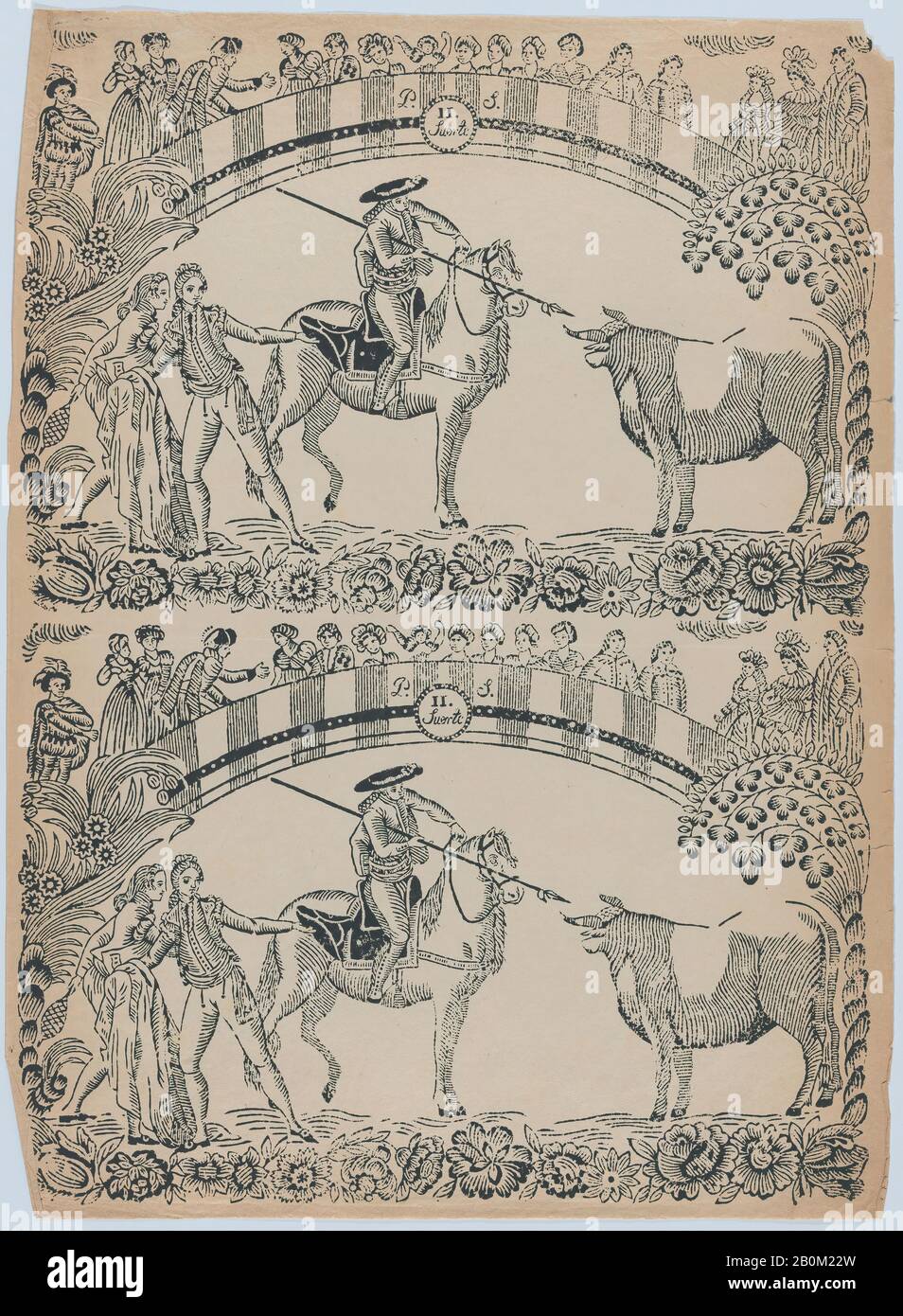 Anonyme, Espagnol XIXe siècle, Suerte II: Picador à cheval sur le point de poignarder un taureau avec une pique; deux toreros derrière lui à gauche (deux impressions sur la même feuille), Anonyme, Espagnol XIXe siècle, Après Antonio Carnicero (espagnol, 1748–1814), CA. 1850–80, coupe à bois, feuille : 17 1/8 × 12 5/8 in. (43,5 × 32 cm), tirages Banque D'Images