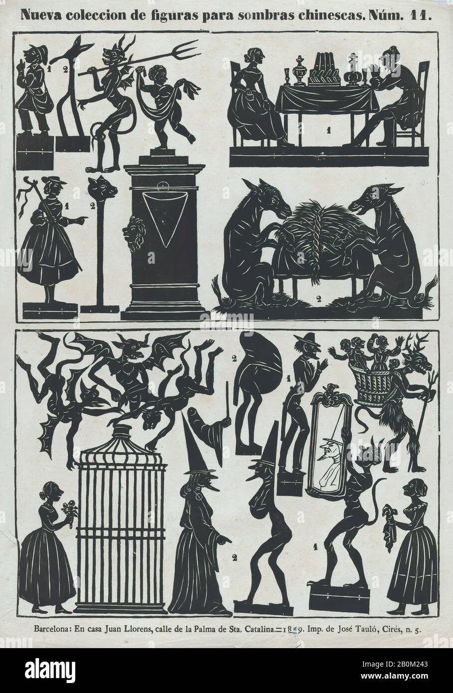 Juan Llorens, feuille 11 de chiffres pour les marionnettes d'ombre chinoise, 1859, coupe à bois (?matrice de gravure en bois), feuille: 17 11/16 × 12 5/8 in. (45 × 32 cm), tirages Banque D'Images