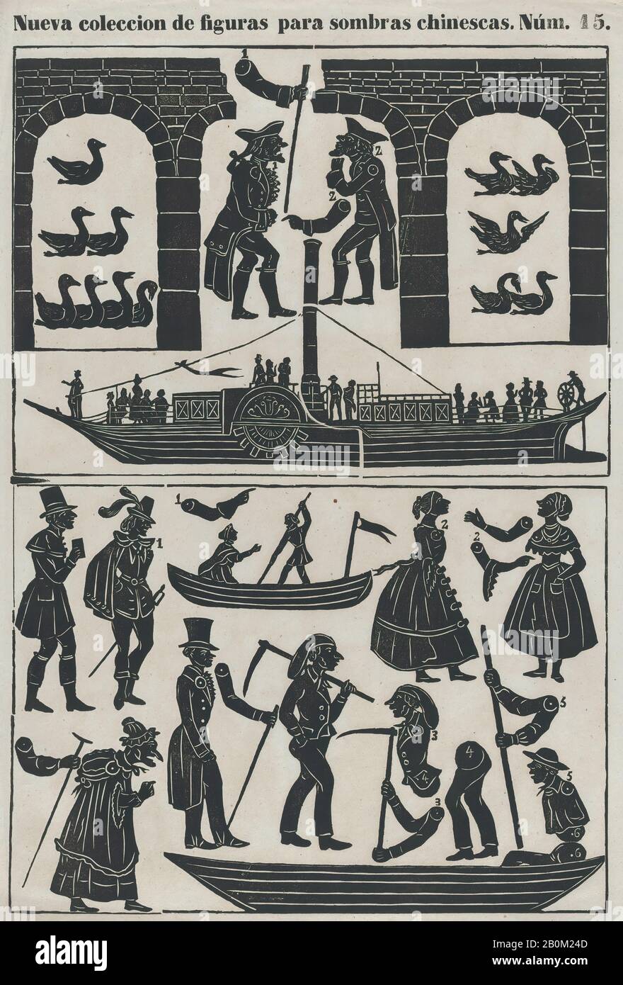 Juan Llorens, feuille 15 de chiffres pour les marionnettes d'ombre chinoise, 1859, coupe à bois (?matrice de gravure en bois), feuille: 16 15/16 × 12 5/8 in. (43 × 32 cm), tirages Banque D'Images