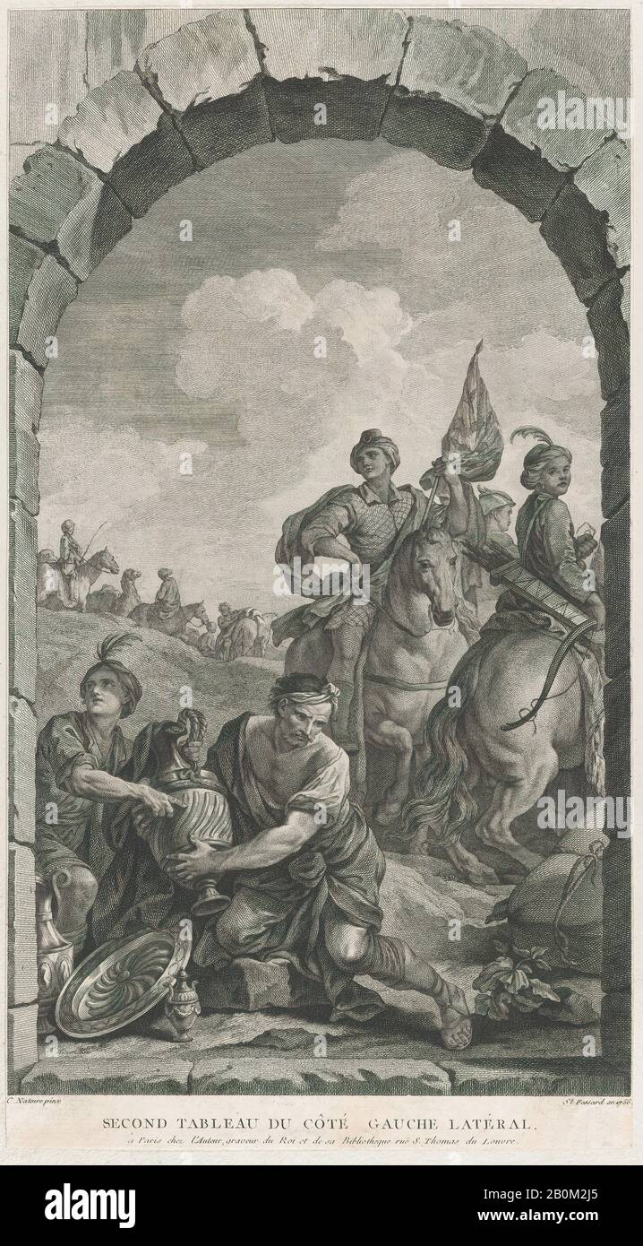 Etienne Fessard, la Chapelle des Enfants-Trouvés à Paris : la Suite des rois mages : Cavalier, Etienne Fessard (français, Paris 1714–1777 Paris), Après Charles Joseph Natoire (français, Nîmes 1700–1777 Castel Gandolfo), 1756, gravure et gravure, Feuille Taillée (20 5/8 × 11 5/16 in. (52,4 × 28,8 cm), tirages Banque D'Images