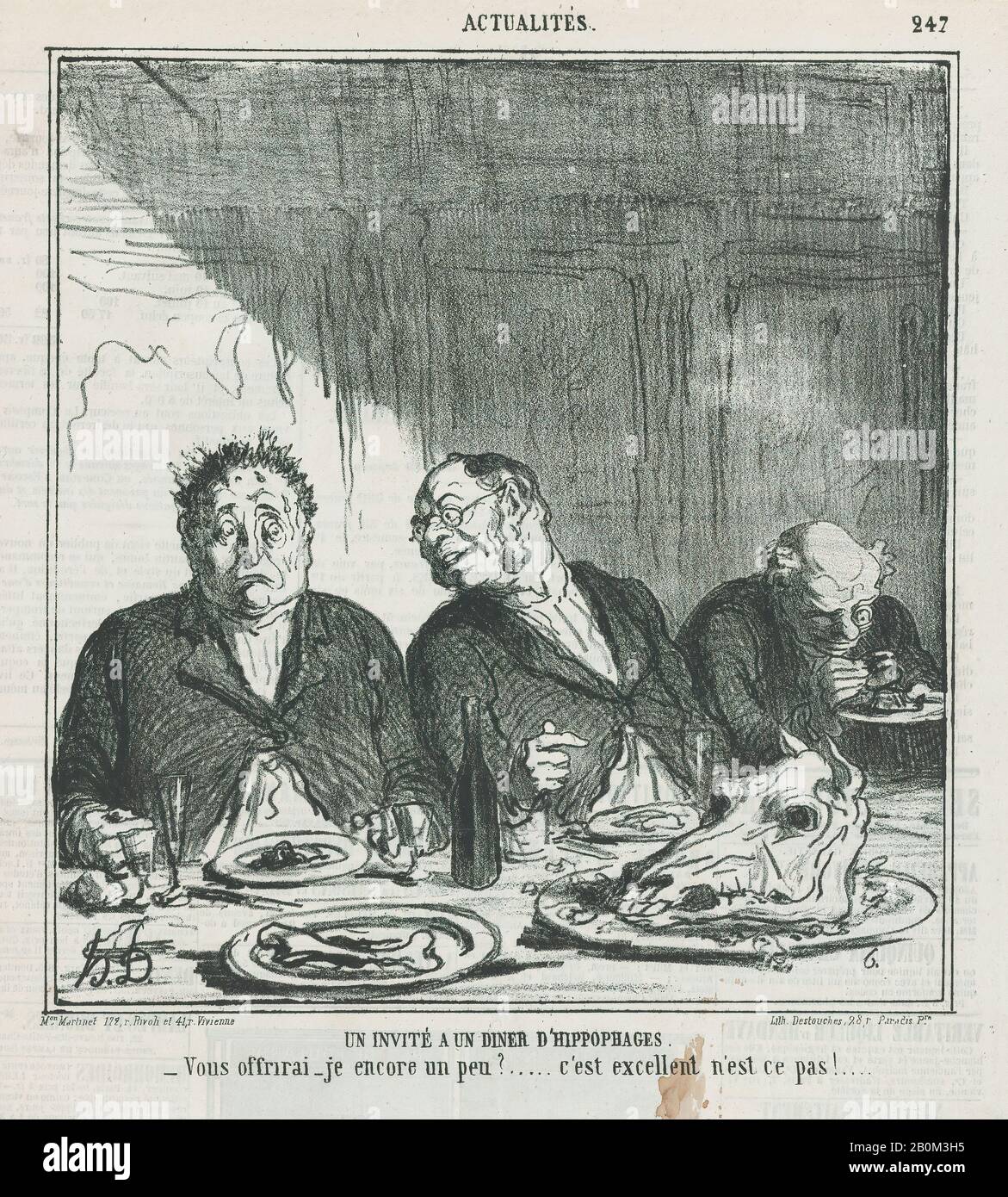Honoré Daumier, invité à un dîner à cheval, de 'News of the day', publié dans le Charivari, 24 mars 1865, 'News of the day' (Actualités), Honoré Daumier (Français, Marseille 1808–1879 Valmondois), 24 mars 1865, Lithographe sur papier journal; deuxième état de deux images (7/8 x 7/8). (24 × 22,6 cm), feuille : 11 13/16 × 11 1/2 po. (30 × 29,2 cm), tirages Banque D'Images