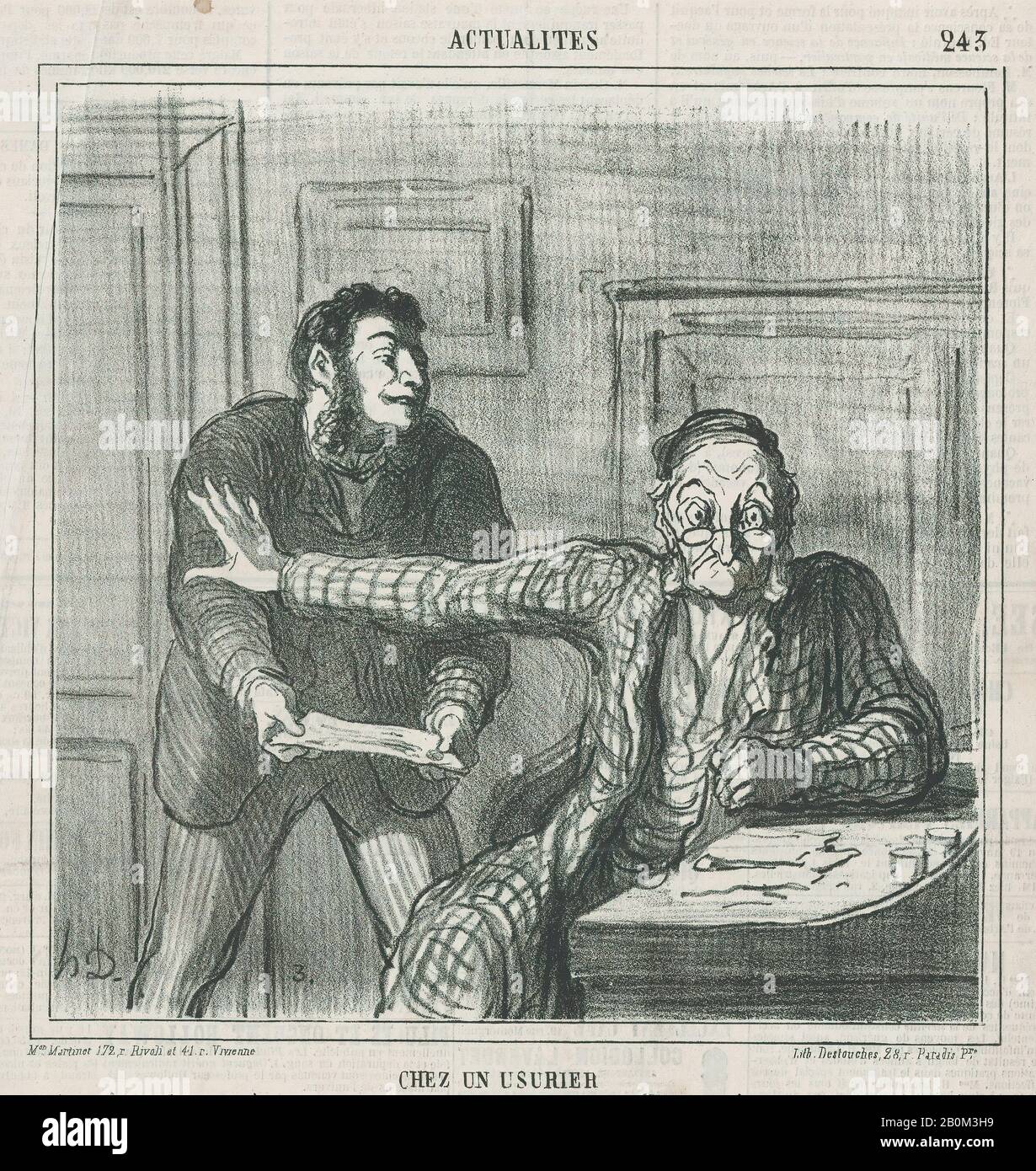 Honoré Daumier, À l'usurer, de 'News of the day', publié dans le Charivari, 21 mars 1865, 'News of the day' (Actualités), Honoré Daumier (français, Marseille 1808–1879 Valmondois), 21 mars 1865, Lithographe sur papier journal; deuxième état de deux (Delteil 5/8 image : (21,2 × 21,1 cm), feuille : 11 3/16 × 9 13/16 po. (28,4 × 24,9 cm), tirages Banque D'Images