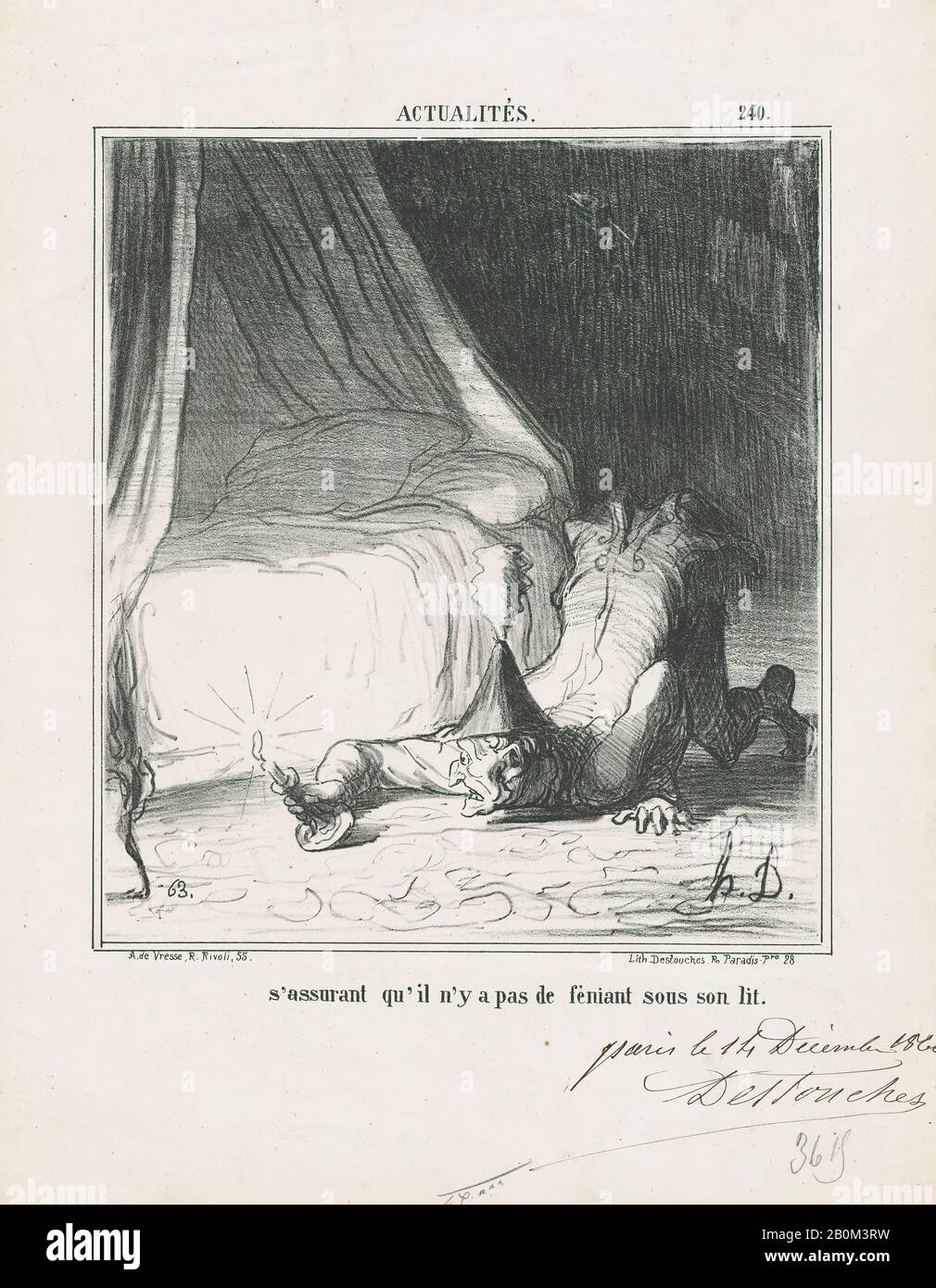 Honoré Daumier, S'Assurant qu'il n'y a pas de Fenian sous son lit, de 'News of the day', publié dans le Charivari, 21 décembre 1866, 'News of the day' (Actualités), Honoré Daumier (français, Marseille 1808–1879 Valmondois), 21 décembre 1866, Lithographe et encre brune sur papier journal; Deuxième état de deux (épreuve), image : 9 1/8 × 8 1/8 po. (23,2 × 20,7 cm), feuille : 14 7/16 × 10 15/16 po. (36,6 × 27,8 cm), tirages Banque D'Images