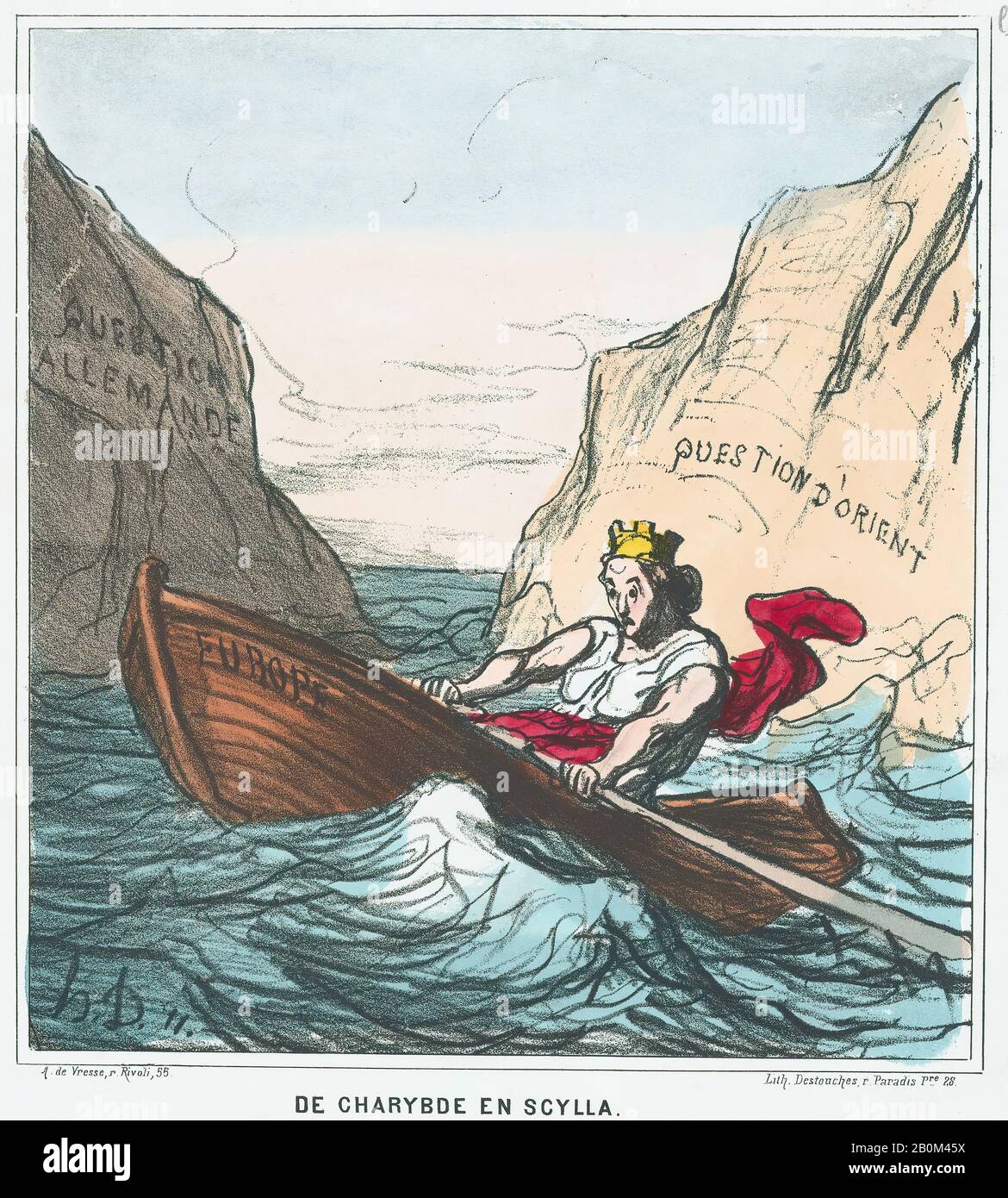 Honoré Daumier, de Scylla à Charybdis, de 'News of the day', publié dans le Charivari, 20 mars 1869, 'News of the day' (Actualités), Honoré Daumier (français, Marseille 1808–1879 Valmondois), 20 mars 1869, lithographie de couleur sur papier vélin; troisième état de Delteil (7/8 × 7/8 : (23,9 × 21,9 cm), feuille : 14 1/8 × 10 3/8 po. (35,8 × 26,4 cm), tirages Banque D'Images