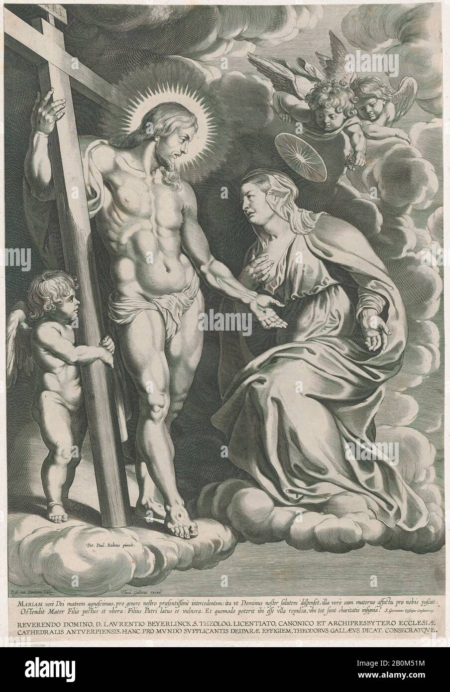 Egbert Van Panderen, L'Intercession de la Vierge, s'agenouillant sur un nuage à droite devant Christ, debout à gauche tenant la croix, Egbert Van Panderen (Flamand, Haarlem 1590–1637 Anvers), Après Peter Paul Rubens (Flamand, Siegen 1577–1640 Anvers), CA. 1610–37, Gravure, Feuille (Taillée) : 17 7/16 × 11 15/16 Po. (44,3 × 30,4 cm), tirages Banque D'Images