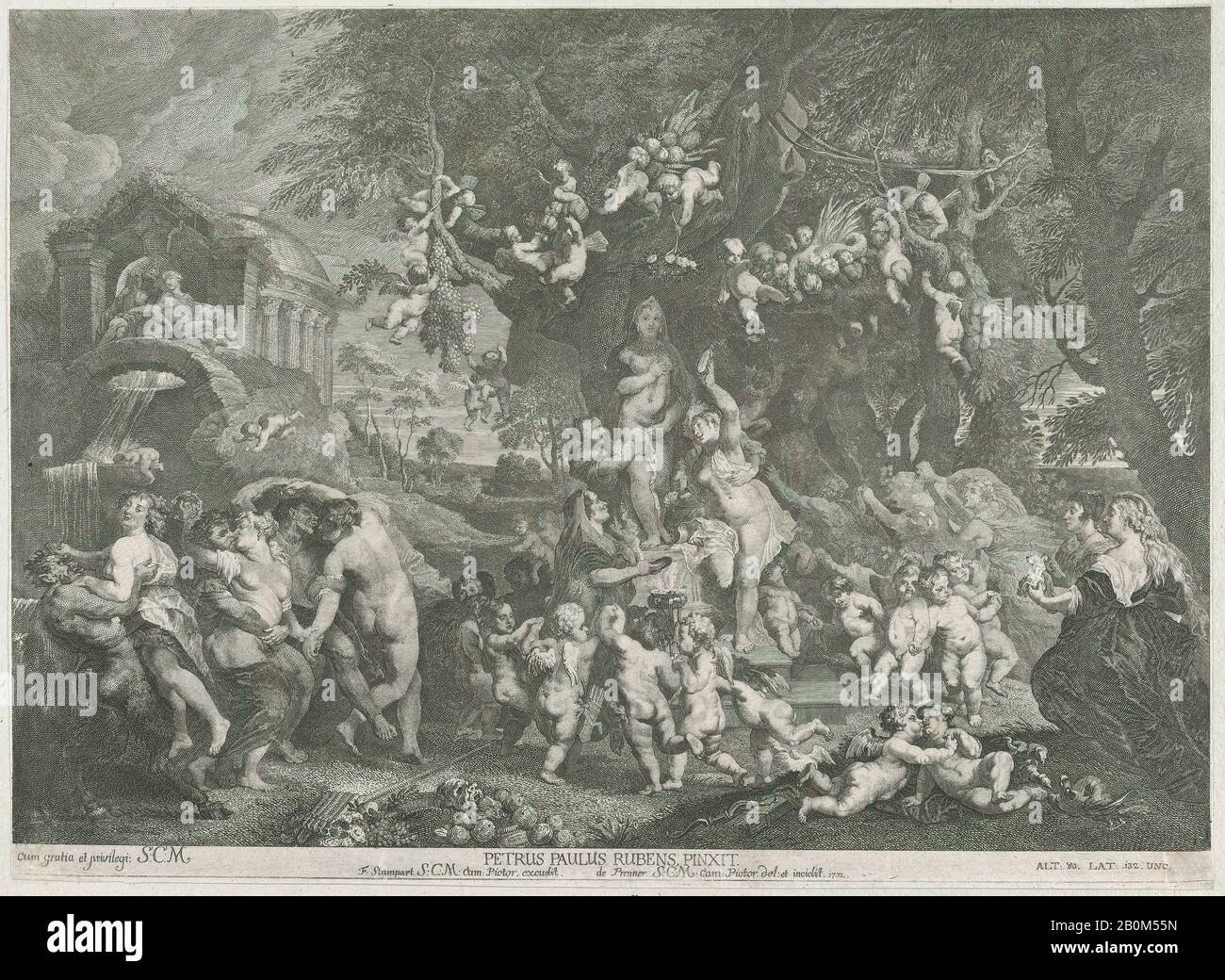 Anton Joseph von Prenner, la Fête de Vénus, avec des groupes de satyres, nymphes et putti dansant autour d'une statue de Vénus, Anton Joseph von Prenner (autrichien, Wallerstein 1683–1761 Vienne), Après Peter Paul Rubens (flamand, Siegen 1577–1640 Anvers), 1732, Etching, feuille Taillée (9 5/8 × 13 1/8 in. (24,5 × 33,3 cm), tirages Banque D'Images