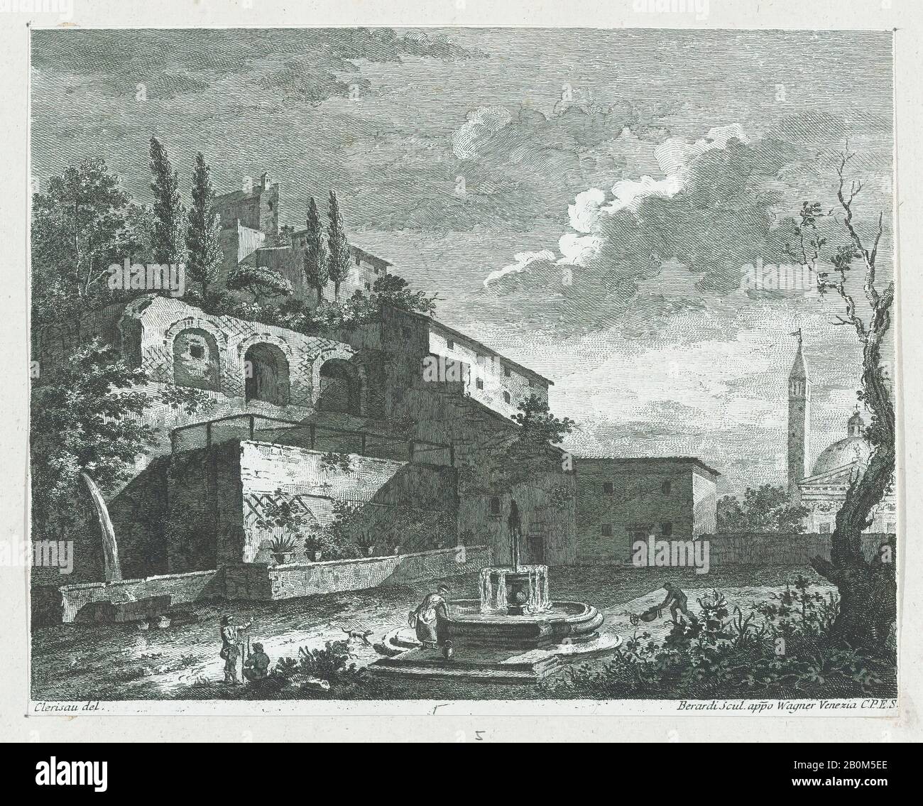 Fabio Berardi, Paysage Avec Ruines Et Fontaine, Fabio Berardi (Italien, Sienne 1728–1788 Venise), Après Charles Louis Clérisseau (Français, Paris 1721–1820 Auteuil), Ca. 1750–70, Décapage, Feuille (Taillée) : 9 3/16 × 11 9/16 Po. (23,4 × 29,4 cm), tirages Banque D'Images