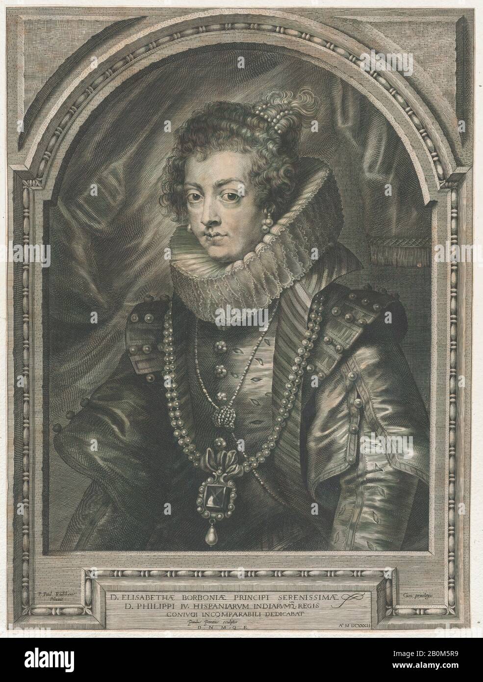 Paulus Pontius, Portrait D'Elisabeth De Bourbon, Reine D'Espagne, Paulus Pontius (Flamand, Anvers 1603–1658 Anvers), Après Peter Paul Rubens (Flamand, Siegen 1577–1640 Anvers), Elisabeth, Reine D'Espagne (Français, Fontainebleau 1602–1644 Madrid), 1632, Gravure; Premier État De Deux, Feuille (17 × 1/8 In 5/8 In 13. (44,7 × 33,4 cm), tirages Banque D'Images