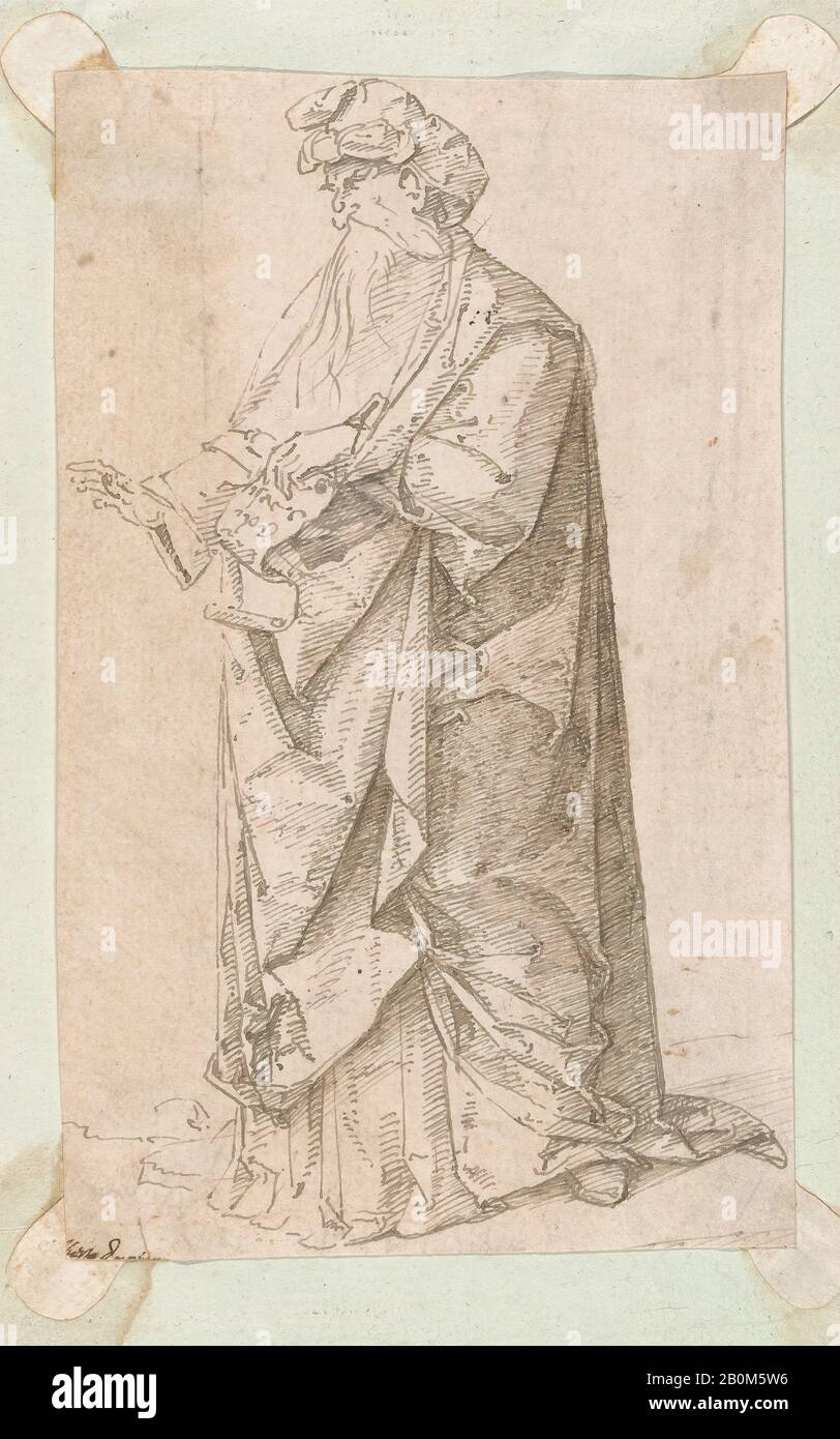 Cercle d'Andrea Mantegna, figure masculine debout avec un défilement, Cercle d'Andrea Mantegna, 1500–1506, encre plume et brun foncé, feuille: 8 3/8 × 5 3/8 po. (21,3 × 13,7 cm), mises en plan Banque D'Images