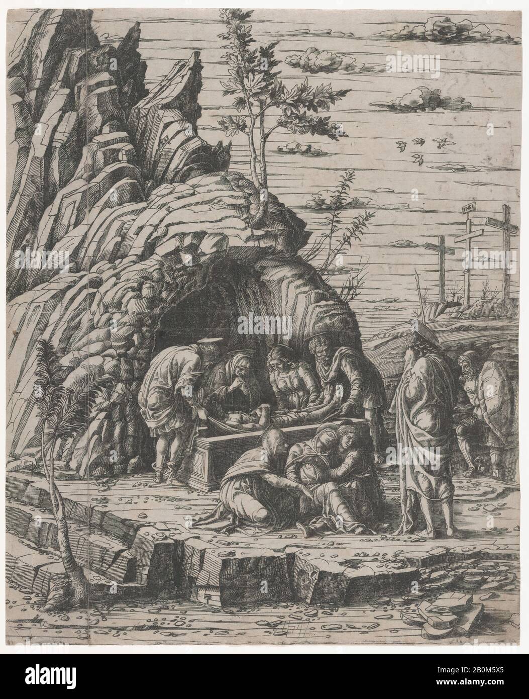 École de, style d'Andrea Mantegna, l'Entombment du Christ qui est abaissé par deux hommes dans une tombe en pierre devant une grotte, Golgotha en arrière-plan, École de, style d'Andrea Mantegna (Italien, Isola di Carturo 1430/31–1506 Mantua), Attribuée à Giovanni Antonio da Brescia (Italien, actif. 1490–ca. 1525), env. 1470–1500, Gravure; copie, feuille (Taillée): 16 15/16 × 13 11/16 po. (43 × 34,8 cm), tirages Banque D'Images École de, style d'Andrea Mantegna, l'Entombment du Christ qui est abaissé par deux hommes dans une tombe en pierre devant une grotte, Golgotha en arrière-plan, École de, style d'Andrea Mantegna (Italien, Isola di Carturo 1430/31–1506 Mantua), Attribuée à Giovanni Antonio da Brescia (Italien, actif. 1490–ca. 1525), env. 1470–1500, Gravure; copie, feuille (Taillée): 16 15/16 × 13 11/16 po. (43 × 34,8 cm), tirages Banque D'Images