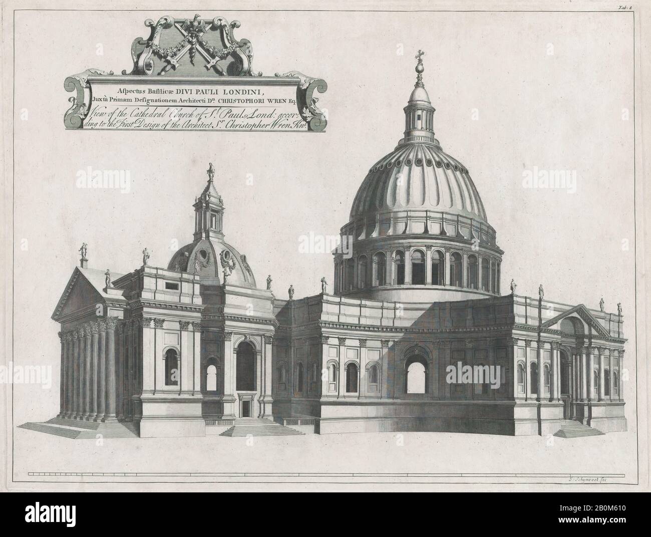 Sir Christopher Wren, un catalogue des Églises de la ville de Londres : Palais royaux, hôpitaux et Publick Edifices, Construit par Sr Christopher Wren, Kt. Arpenteur général des travaux royaux, pendant Cinquante Ans : De 1668 à 1718, Henry Hulsbergh (néerlandais, né à Amsterdam, mort à Londres 1729), Simon Gribelin II (Paris 1661–1733, actif à Londres), John Vanderbank, le plus jeune (britannique, Londres (?) 1694–1739 Londres), Jacob Schijnvoet (néerlandais, Amsterdam (?) 1685–1733 British Cole, Hawksmoca (actif), British Cole (né à Londres) (né à Amsterdam). 1720–75, mort 1783), 1726 ou 1749, Gravure Banque D'Images