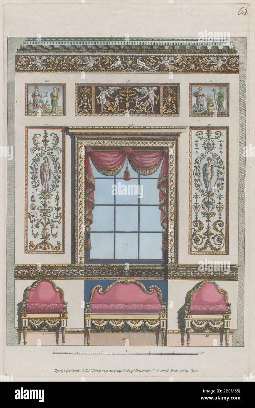 Michelangelo Pergolesi, mur intérieur Orné de fenêtres et de meubles, nos 411–424 (règne pour Divers Ornements, pl. 64), 15 février 1792, gravure et aquarelle, plaque: 17 13/16 × 11 13/16 po. (45,3 × 30 cm), feuille : × 14 7/8 po. (53,3 × 37,8 cm Banque D'Images