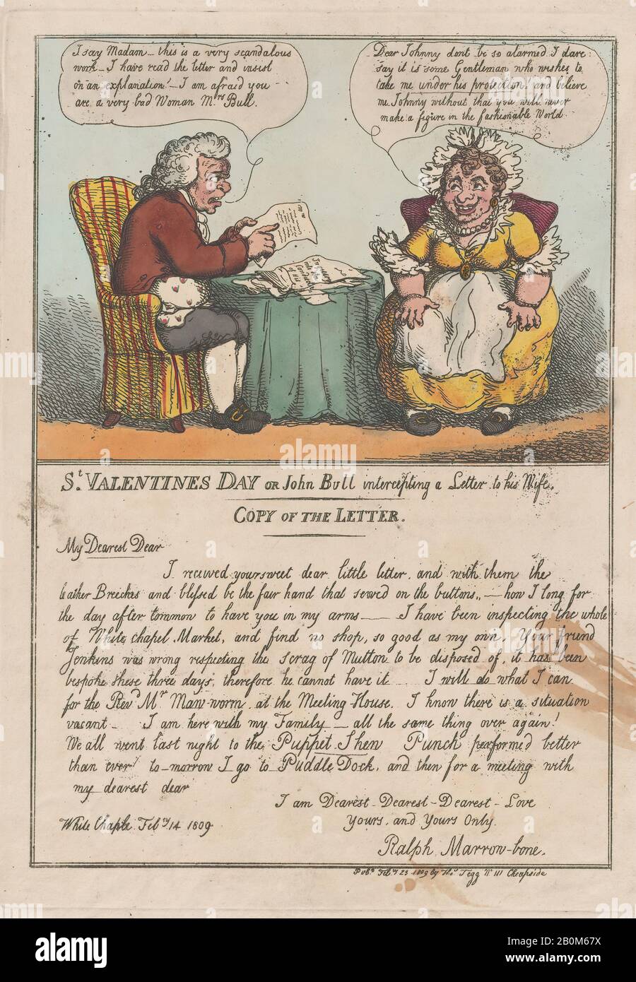 Thomas Rowlandson, Saint-Valentin ou John Bull interceptant une lettre à son Épouse, Thomas Rowlandson (British, London 1757–1827 London), 23 février 1809, gravure de couleur Manuelle, feuille : 15 5/8 × 10 7/16 in. (39,7 × 26,5 cm), plaque : 13 11/16 × 9 5/8 in. (34,8 × 24,5 cm), tirages Banque D'Images