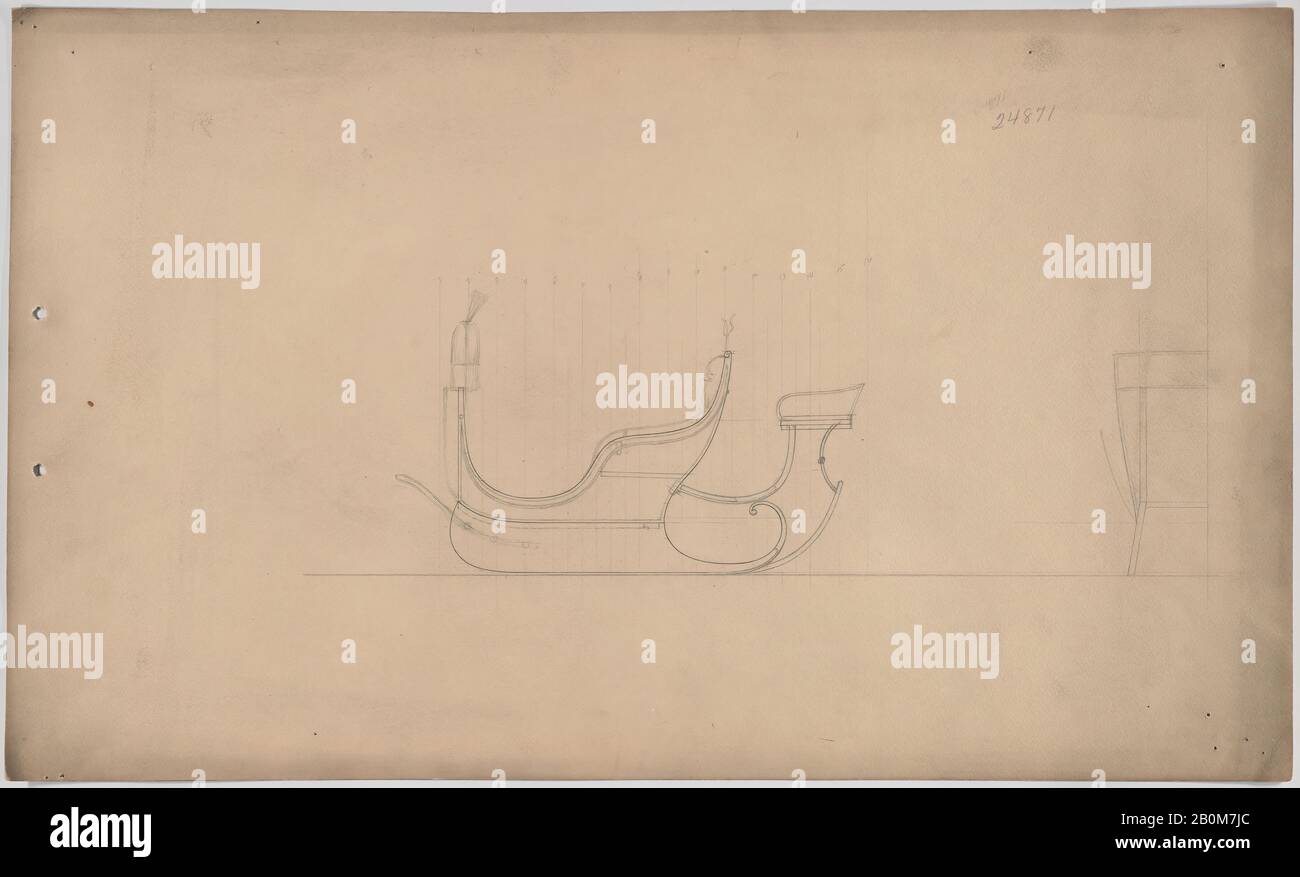 Brewster & Co., Tub Sleigh avec siège à rumble 24871, Brewster & Co. (Américain, New York), 1904, Graphite sur papier collé au vase à bords perforés pour la reliure, feuille: 13 1/2 × 22 1/2 po. (34,3 × 57,2 cm), mises en plan Banque D'Images