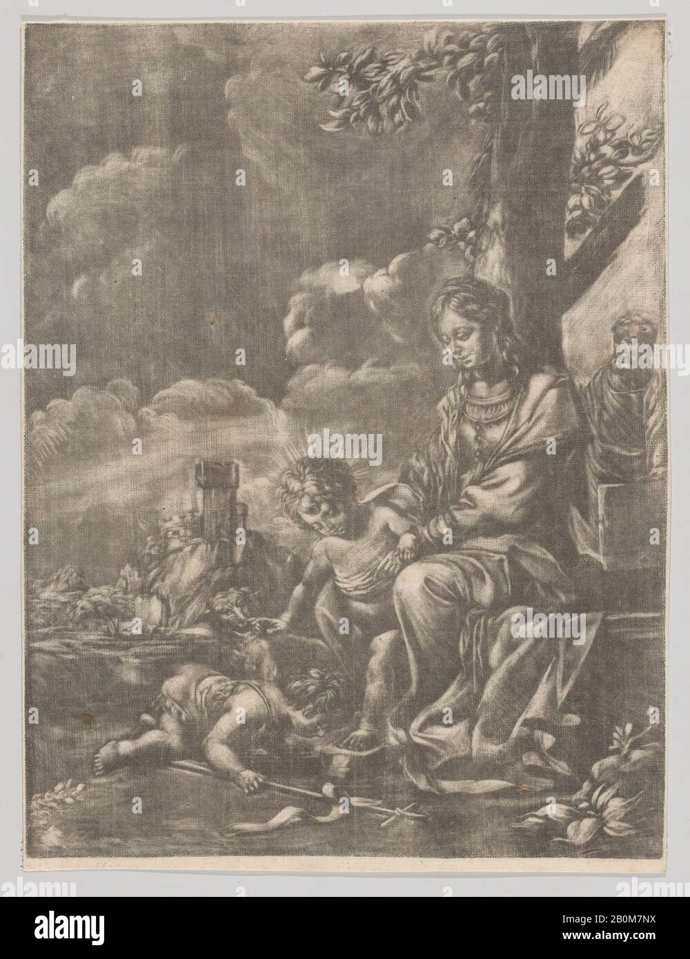 Anonyme, La Sainte famille avec le bébé Saint John embrassant les pieds du Christ, anonyme, Après Giulio Carpioni (Italien, Venise 1613–1678 Venise), 1640–60, Mezzotint; copie inverse, feuille (Tondue): 8 13/16 × 6 11/16 in. (22,4 × 17 cm), tirages Banque D'Images