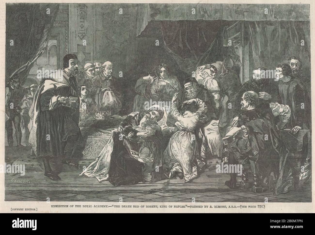 Edward Dalziel, Le Lit De Mort De Robert, Roi De Naples, De 'Illustré London News', Edward Dalziel (Britannique, Wooler, Northumberland 1817–1905 Londres), Après Alfred Elmore (Irlandais, Clonakilty, Comté De Cork 1815–1881 Londres), 13 Mai 1848, Gravure En Bois, Feuille : 6 1/4 × 9 3/16 Po. (15,9 × 23,4 cm), tirages Banque D'Images