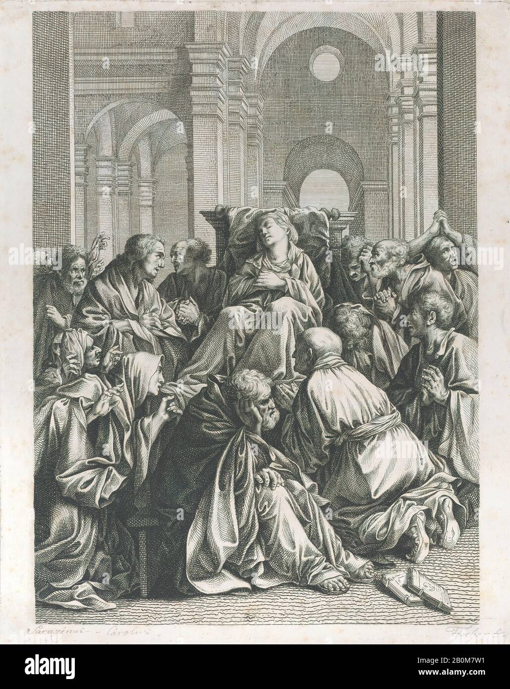 Joseph Fischer, mort de la Vierge, allongé sur une chaise au centre, entouré des Apôtres, à l'intérieur d'un temple, Joseph Fischer (autrichien, Vienne 1769–1822 Vienne), Après Carlo Saraceni (italien, vénitien, 1579?–1620), 1790–1822, Etching, feuille (Taillée): 16 7/8 × 13 1/4 po. (42,8 × 33,7 cm), tirages Banque D'Images