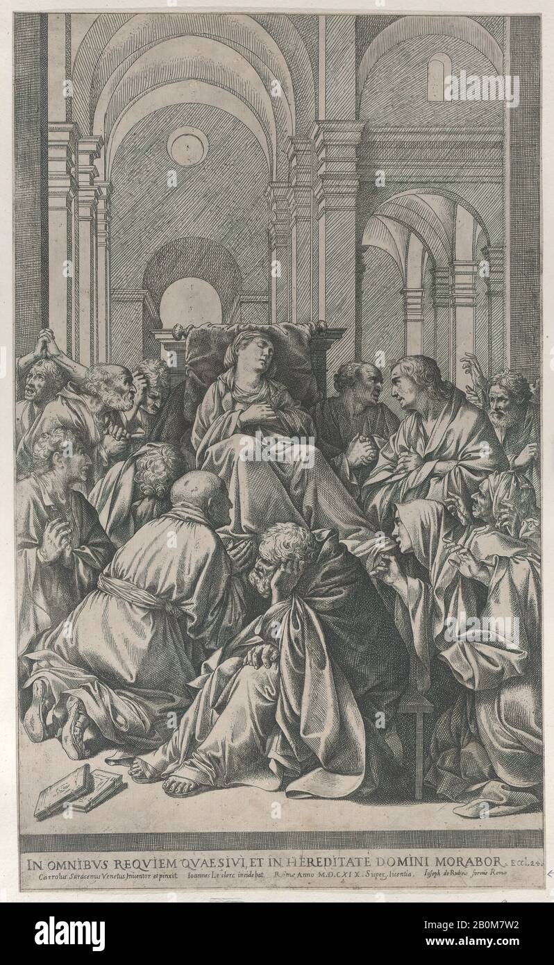 Jean le Clerc, mort de la Vierge, allongé sur une chaise au centre, entouré des Apôtres, à l'intérieur d'un temple, Jean le Clerc (français, Nancy 1587–1632/33 Nancy), Après Carlo Saraceni (italien, vénitien, 1579?–1620), 1619, Etching, feuille (Taillée) : 18 1/8 × 10 7/8 po. (46 × 27,6 cm), tirages Banque D'Images