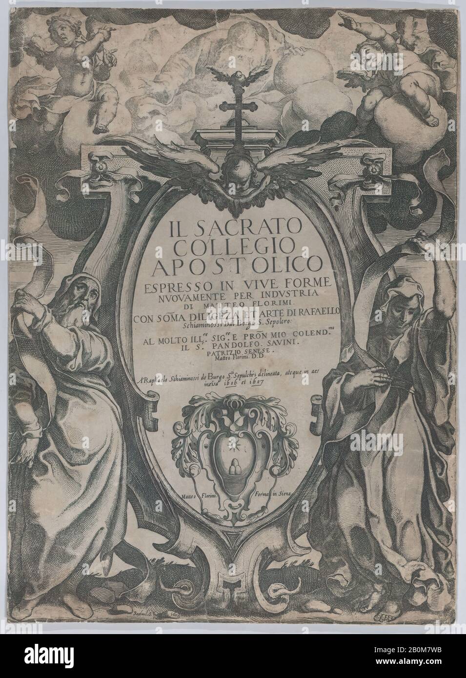 Raffaello Schiaminossi, Frontispiece avec deux figures tenant des rouleaux et des chérubins flanquant la cartouche au centre, du 'Collège apostolique Consectaté' (il sacrasto collegio apostolico), Raffaello Schiaminossi (italien, Borgo San Sepolcro (Sansepolcro) 1572–1622 Borgo San Sepolcro (1606), Sansecro (1607), Sansecro (Sansepolcro). × 14 9/16 po. (50,8 × 37 cm), tirages Banque D'Images