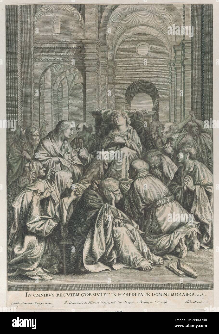 Anonyme, mort de la Vierge, allongé sur une chaise au centre, entouré d'apôtres, à l'intérieur d'un temple, Anonymous (Mel. Drumond), Après Carlo Saraceni (Italien, Vénitien, 1579?–1620), 1619–72, Gravure, Feuille (Taillée): 18 Po. × 12 1/4 po. (45,7 × 31,1 cm), tirages Banque D'Images