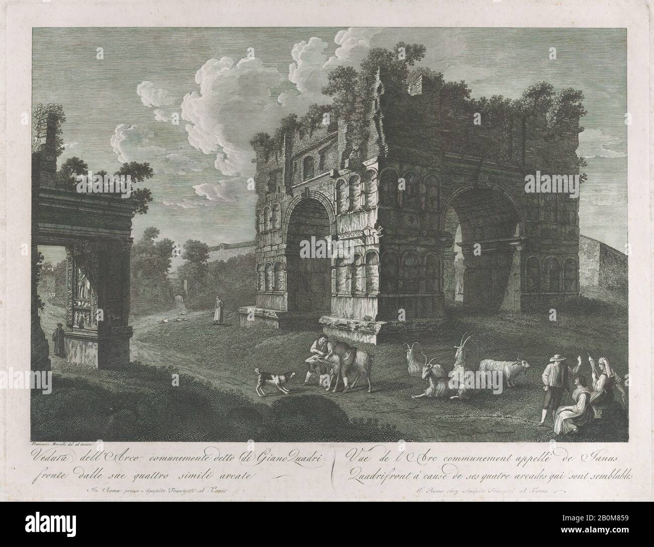 François Morel, vue de l'Arche de Janus, avec bergers et chèvres au premier plan, François Morel (français, Franche-Comté 1768–après 1830), 1795–1800, Etching, plaque : 14 1/2 × 18 7/8 po. (36,8 × 48 cm), feuille : 15 15/16 × 20 3/16 po. (40,5 × 51,2 cm), tirages Banque D'Images
