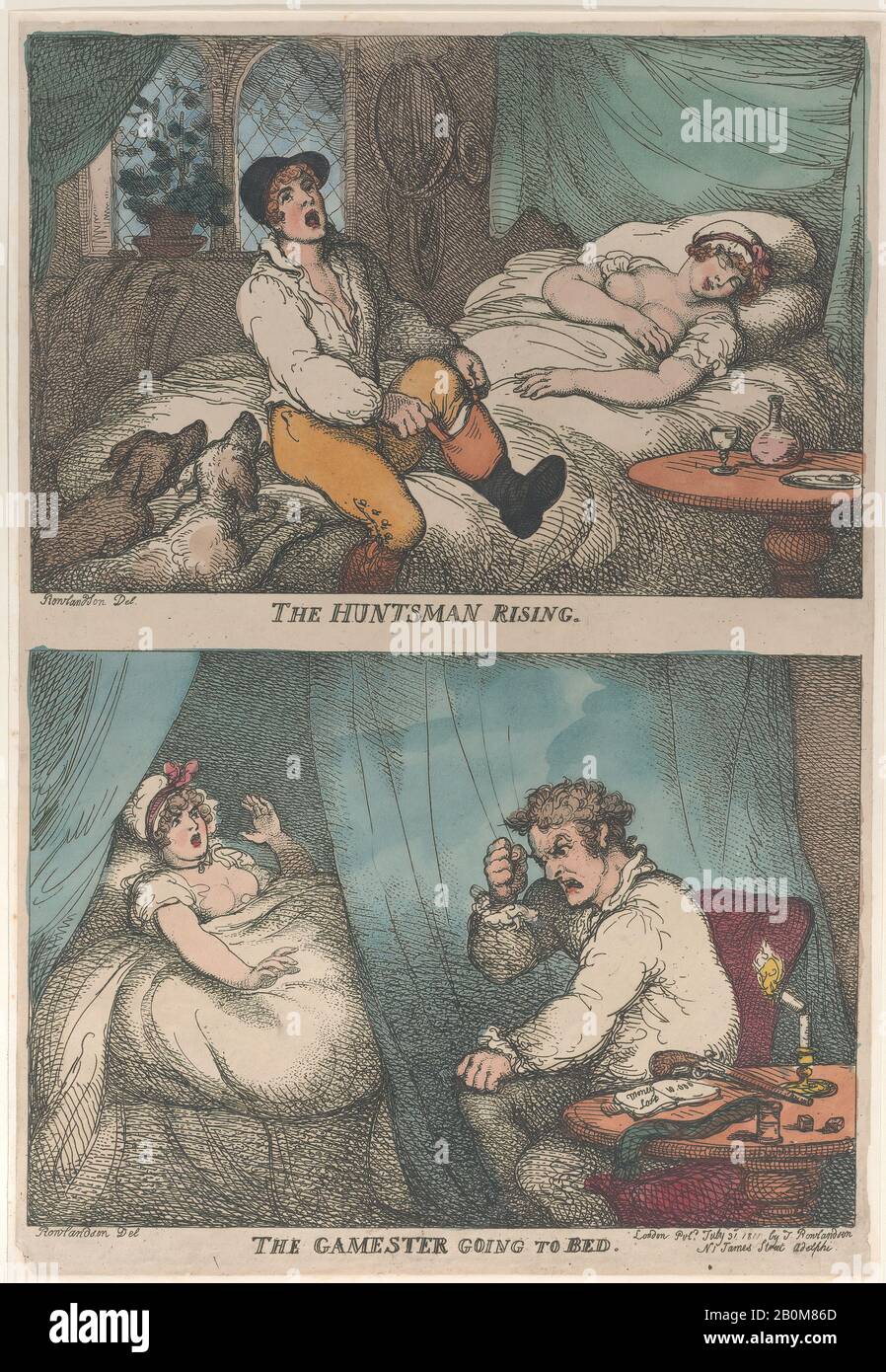 Thomas Rowlandson, The Huntsman Rising; The Gamester Going to Bed, [31 juillet 1809], réémis 1811, gravure de couleur Manuelle; réémission, feuille: 13 3/8 × 9 1/8 in. (34 × 23,1 cm), tirages Banque D'Images
