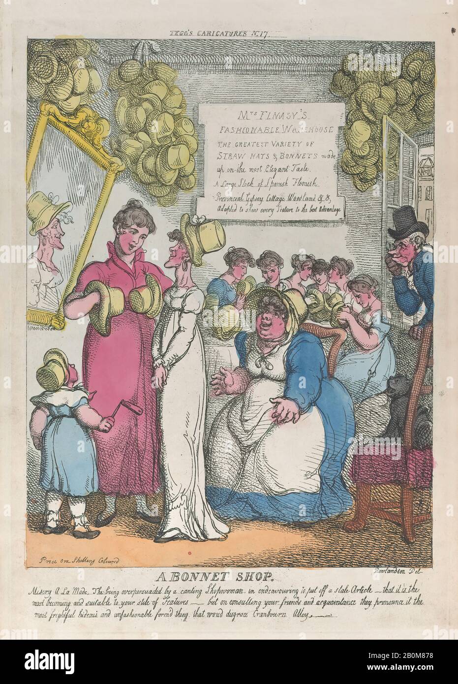 Thomas Rowlandson, UN magasin Bonnet, 'Tegg's Caricatures', Thomas Rowlandson (British, London 1757–1827 London), 15 mai 1810, gravure de couleur Manuelle, plaque : 13 11/16 × 9 5/8 in. (34,7 × 24,5 cm), feuille : 14 7/16 × 10 5/16 po. (36,6 × 26,2 cm), tirages Banque D'Images