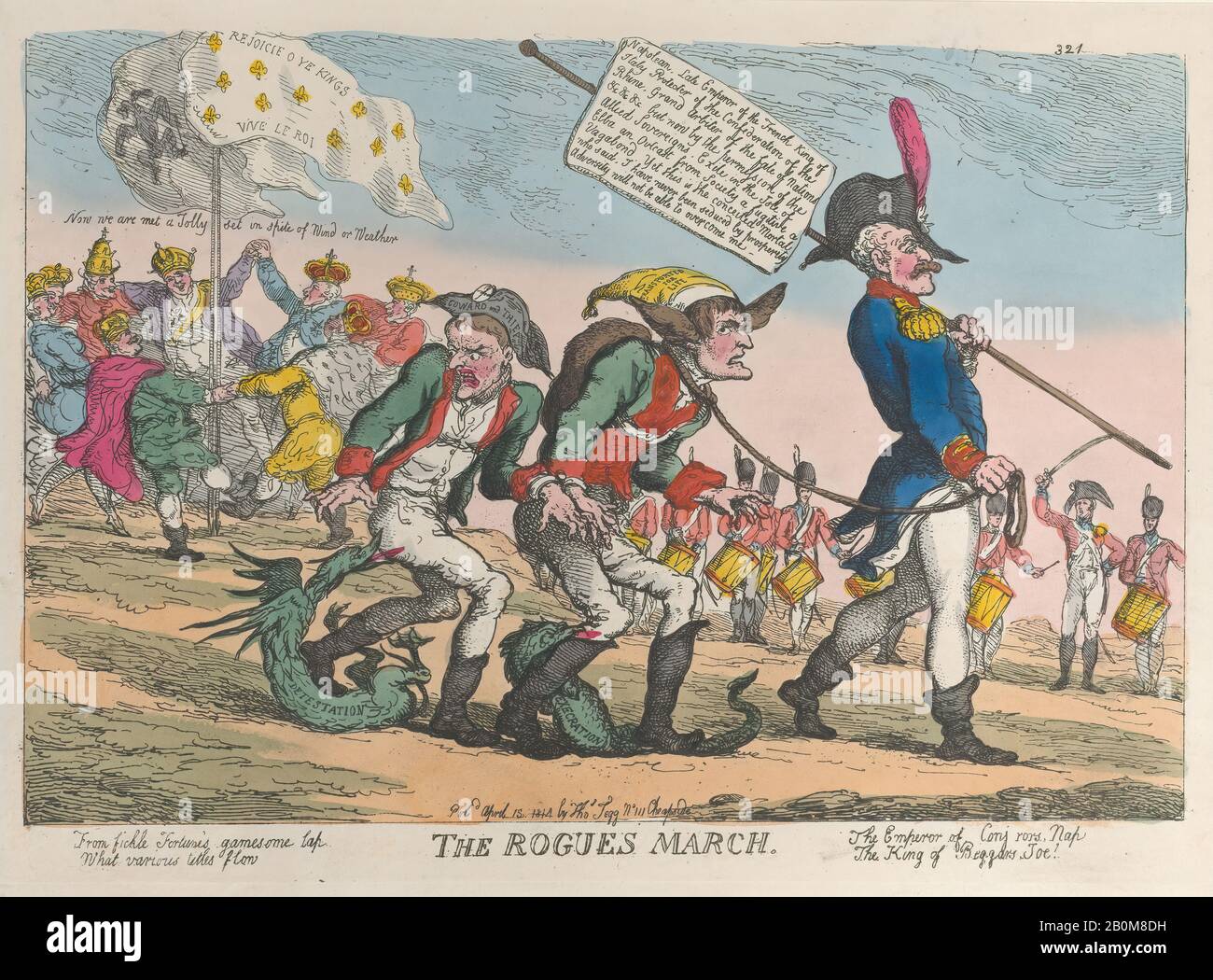 Thomas Rowlandson, The Rogues March, Thomas Rowlandson (British, London 1757–1827 London), Napoléon Bonaparte (French, 1769–1821 St. Helena Ajaccio), Joseph Bonaparte (French, 1768–1844), Gebhard Leberecht Von Blücher, 12 Avril 1814, Gravure De Couleur Manuelle, 9 3/4 × 13. (24,8 × 35 cm), feuille : 10 1/16 × 14 3/16 po. (25,6 × 36,1 cm), tirages Banque D'Images