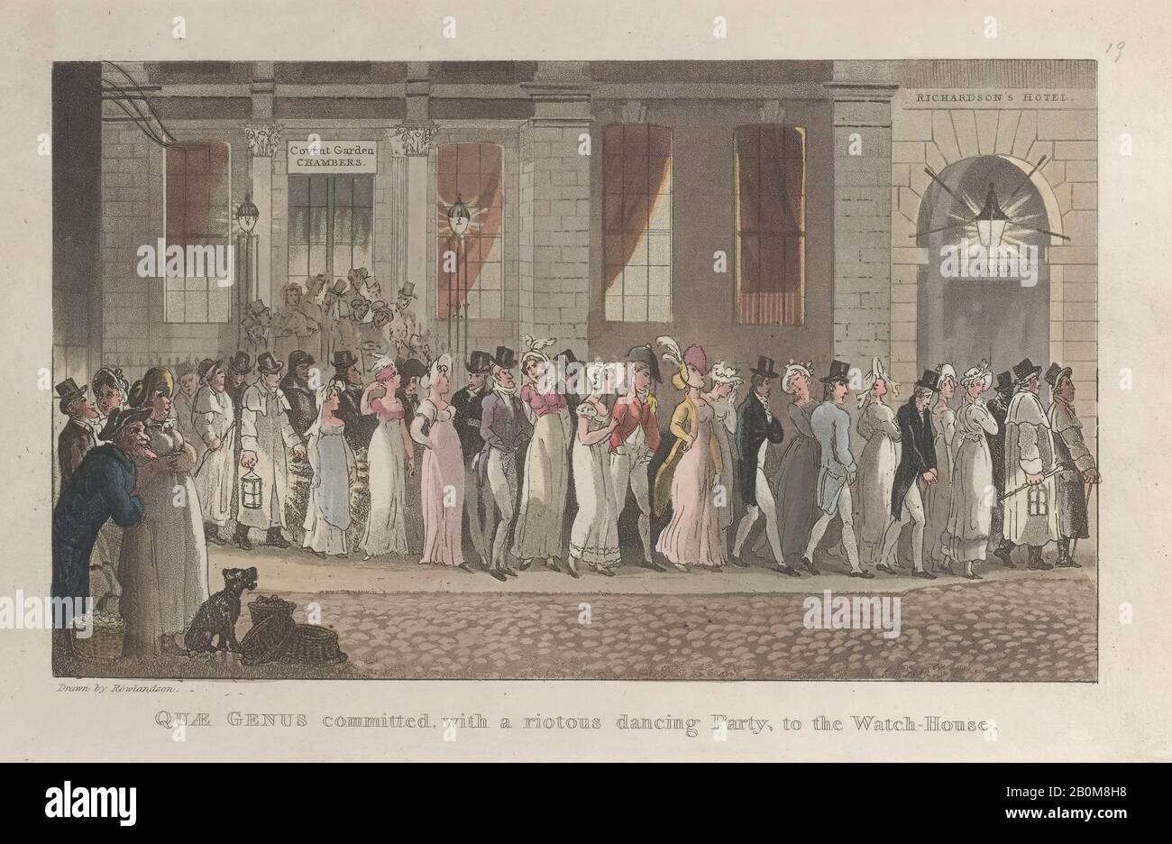 Thomas Rowlandson, Genre Quae Engagé, Avec Un Parti Piqueur Riotous, À The Watch-House, De 'The History Of Johnny Quae Genre, The Little Foundling Of The Late Doctor Syntax', 'The History Of Johnny Quae Genre, The Little Foundling Of The Late Doctor Syntax', Thomas Rowlandson (British, Londres 1757–1827 Londres), William Combe (British, Londres 1742–1823 London), 1er novembre 1821, gravure Et aquatint de couleur Manuelle, feuille : 5 3/8 × 8 5/8 in. (13,7 × 21,9 cm), tirages Banque D'Images