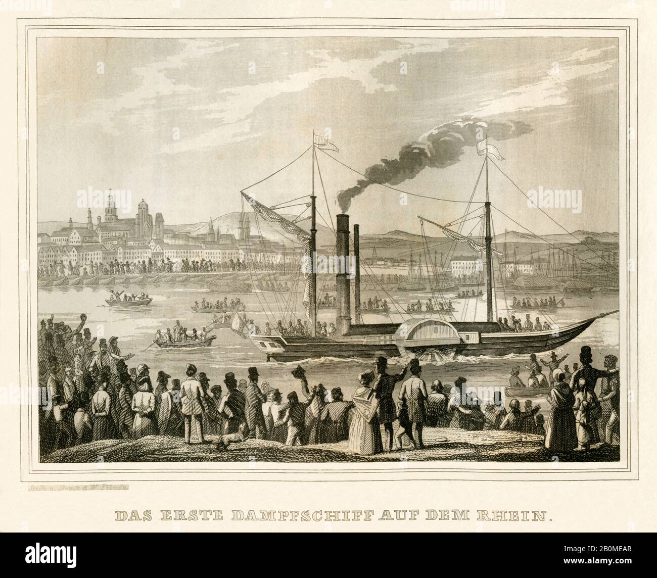 Europa, Deutschland, Originaltext : ' Das erste Dampfschiff auf dem Rhein ' , fuhr 1816 , Motiv aus : ' Historisch Biographisches Universsum ' . Eine Bilder Chronik von Kdenkwürdigen Ereigissen und berühmten Menschen , Artistischer Verlag J. Scheible, Stuttgart, 1841 . / Europe. Allemagne, texte original : ' Das erste Dampfschiff auf dem Rhein ' ( Le premier bateau à vapeur du Rhin ) , il s'est produit 1816 , image de : ' Historisch Biographisches Universsum ' , une chronique d'images d'événements et de personnes bien connus , maison d'édition : Artischer Verlag J. Scheible, Stuttgart, 1841 . Banque D'Images