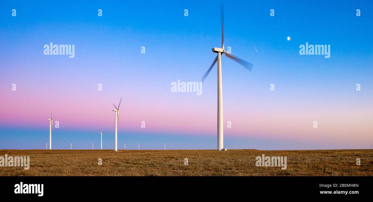 Éoliennes dans le champ contre le ciel bleu au crépuscule Banque D'Images