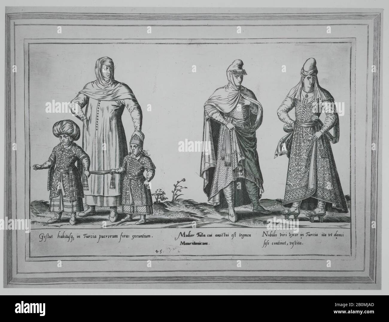 Abraham de Bruyn, Gestus habitusq. Dans Turcia puerorum foras exeuntium; Mulier Turca cui amictui est tegmen Maurit, UM; Nobilis viri vxor dans Turcia ita vt domi sese continent, vestita, Abraham de Bruyn (Flamand, Anvers 1540–1587 Cologne?), 1580 11/8. (22,1 × 33,4 cm), bâti : 10 5/8 × 14 3/4 in. (27 × 37,5 cm), feuille : 21 5/16 × 16 5/16 po. (54,2 × 41,5 cm), Livre : 21 7/8 × 16 3/4 × 1 15/16 po. (55,5 × 42,5 × 5 cm Banque D'Images