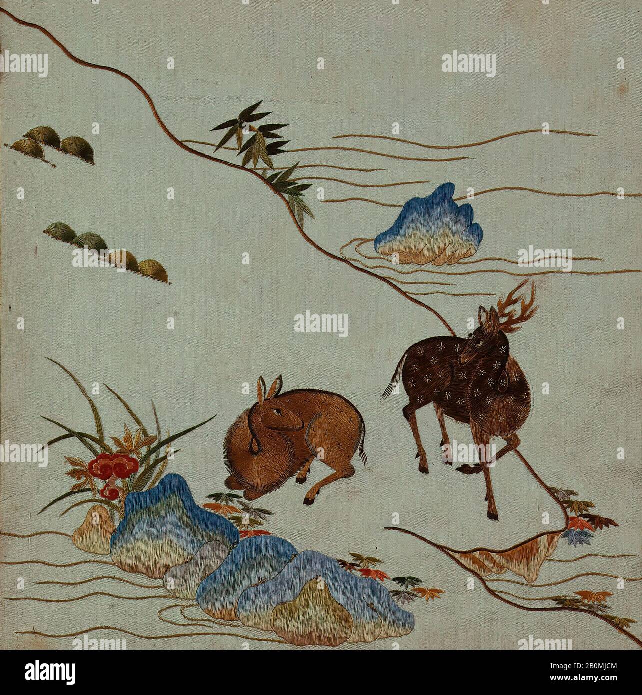 Paysage avec paire de cerfs à pois, bambou, pin, Champignon Lingzhi, Iris, plantes aquatiques et rochers, Chine, dynastie Qing (1644–1911), date du milieu du XVIIIe siècle, Chine, soie; sur soie, 13 1/4 x 12 1/4 po. (33,66 x 31,11 cm), textiles brodés Banque D'Images