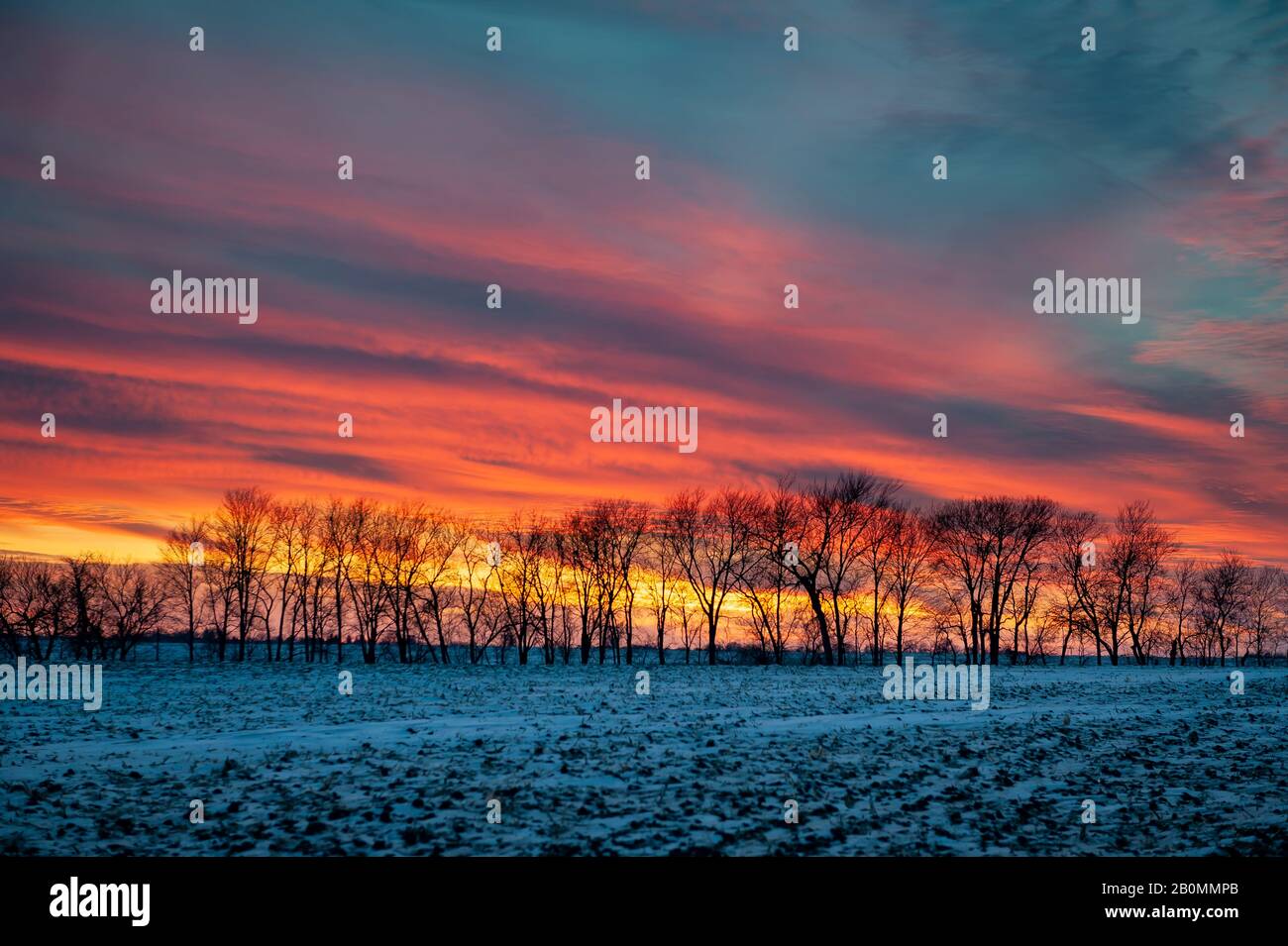 Midwest Winter Farm Field coucher de soleil Banque D'Images