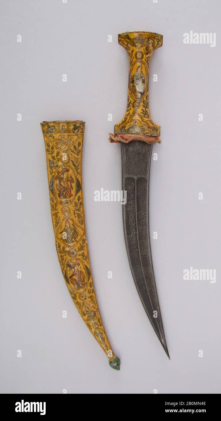 Dagger avec Sheath, Perse, Qajar, fin du XIXe siècle, Perse, Qajar, acier, émail, velours, H. avec gaine 20 1/2 in. (52,1 cm) ; H. sans gaine 18 5/8 po. (47,3 cm) ; H. de la lame 13 in. (33 cm) ; avec 2 5/8 po. (6,7 cm) ; Poids 15,7 oz. (445,1 g) ; Poids De la gaine 9,9 oz. (280,7 g), Taggers Banque D'Images