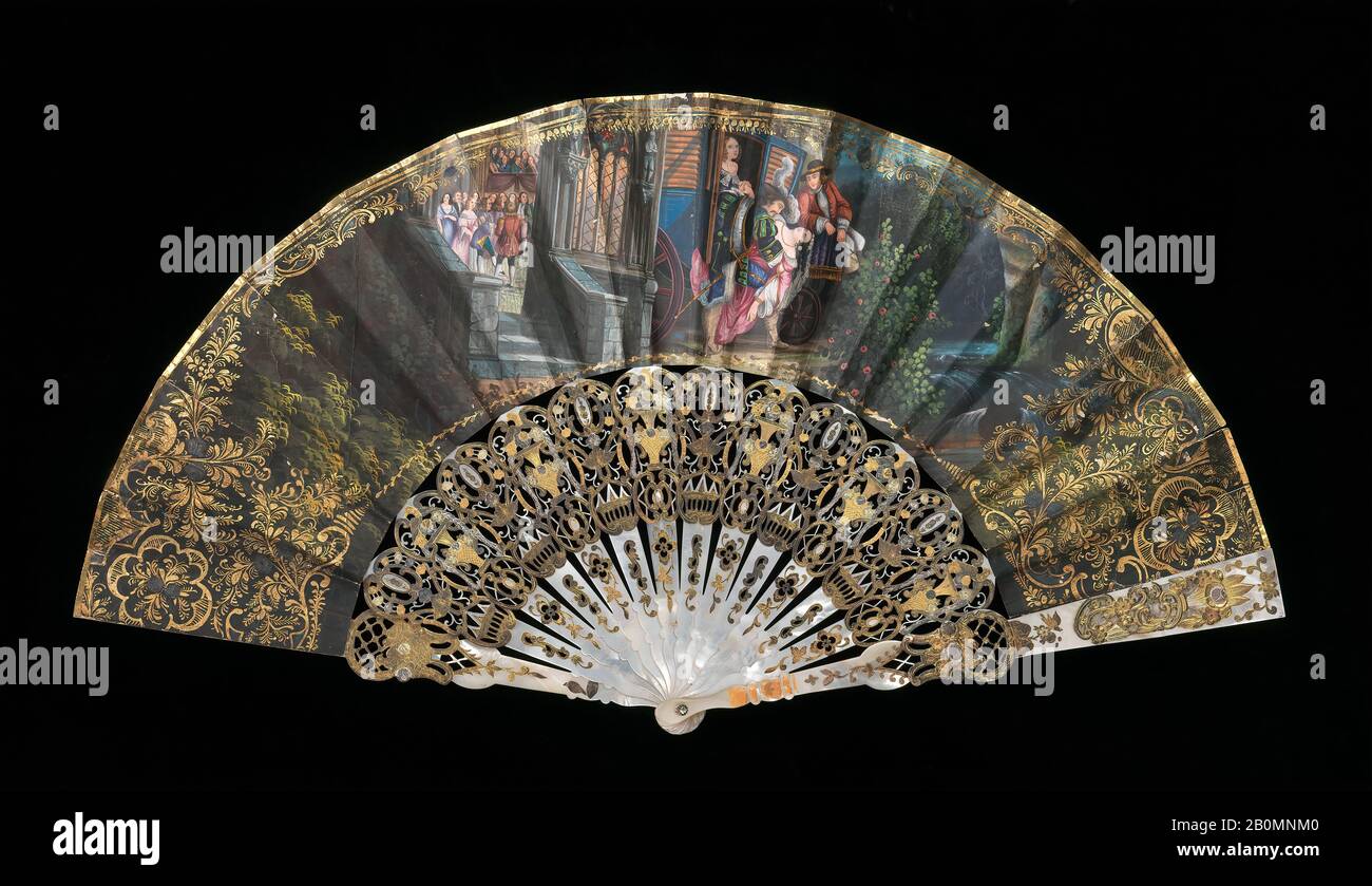 Fan, européen, 1860–69, européen, nacre, papier, gouache, métal Banque D'Images