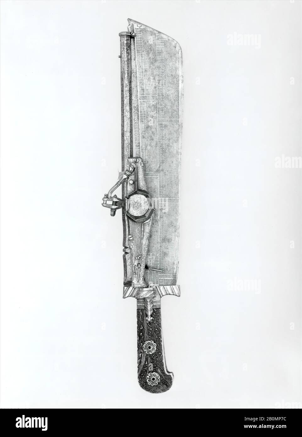Ambrosius Gemlich, Couteau De Chasse Combiné Avec Wheellock Pistol, Allemand, Munich, Lame Ca. 1528–29, gravé avec un calendrier pour les années 1529–34; canon daté de 1540 ou 1546, Munich, Allemagne, Munich, acier, or, staghorn, bronze, L. 18 1/4 in. (46,4 cm) ; L. du fourreau 12 3/8 in. (31,4 cm) ; L. de la lame 13 1/4 in. (33,7 cm) ; étal. 0,28 po. (7,1 mm), armes Combinées Banque D'Images