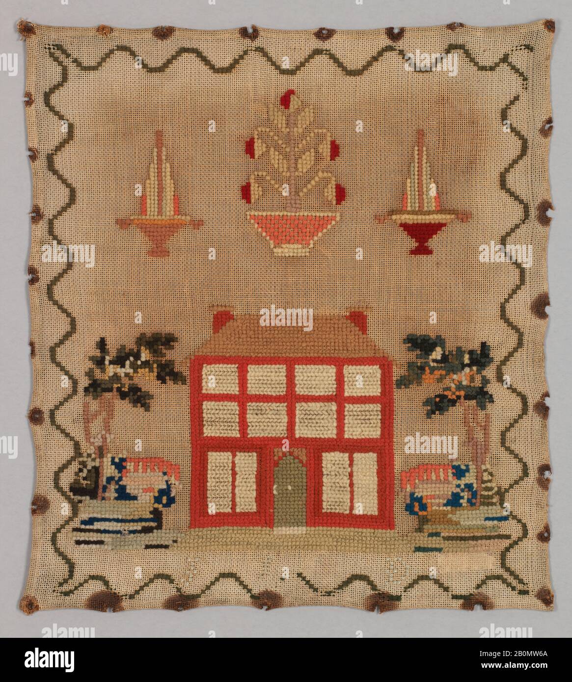 Échantillonneur, britannique, XIXe siècle, britannique, de soie et de laine sur toile de lin, H. 9 7/8 x W. 8 7/8 pouces (25.1 x 22.5 cm), à broderies textiles Banque D'Images