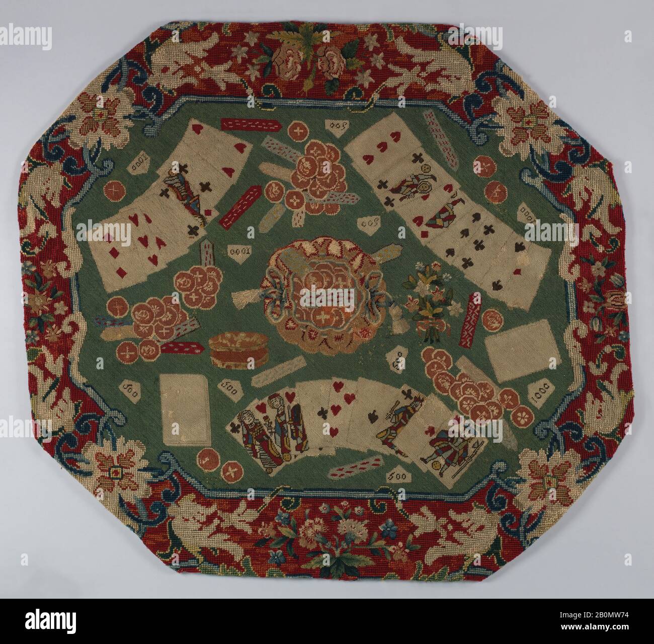 Dessus de table, britannique, XVIIIe siècle, britannique, soie et laine sur toile, H. 31 1/4 x W. 30 3/4 pouces (79,4 x 78,1 cm), à broderies textiles Banque D'Images