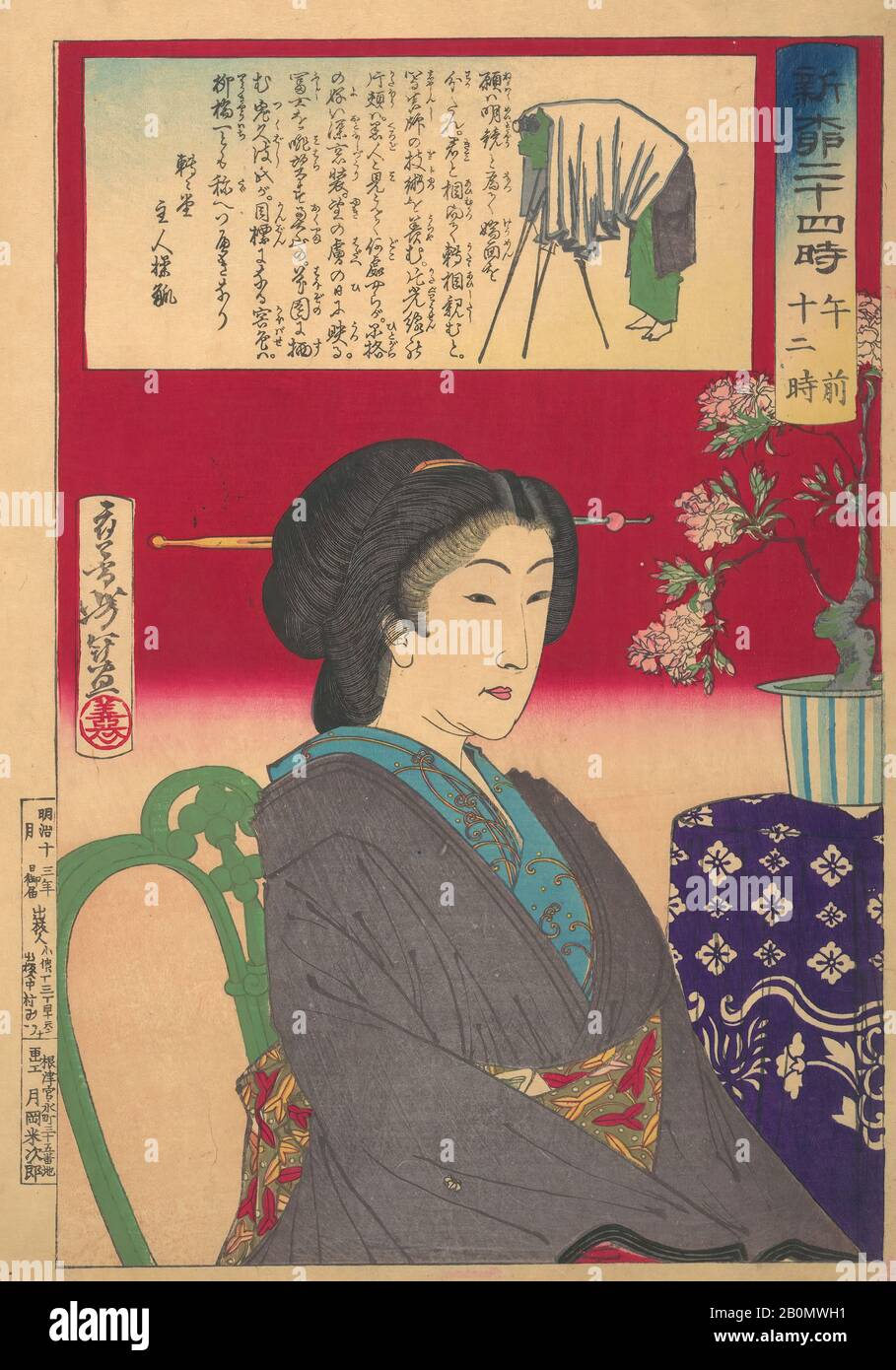 Tsukioka Yoshitoshi, Vingt-Quatre Heures À Shinbashi/Yanagibashi: 12 Noon. (Shinyanagi nijūyo-ji, gozen jūni-ji), Japon, période Meiji (1868–1912), Tsukioka Yoshitoshi (japonais, 1839–1892), 1880, Japon, impression de blocs de bois polychrome; encre et couleur sur papier, image: 10 x 14 5/8 po. (25,4 x 37,1 cm), tirages Banque D'Images